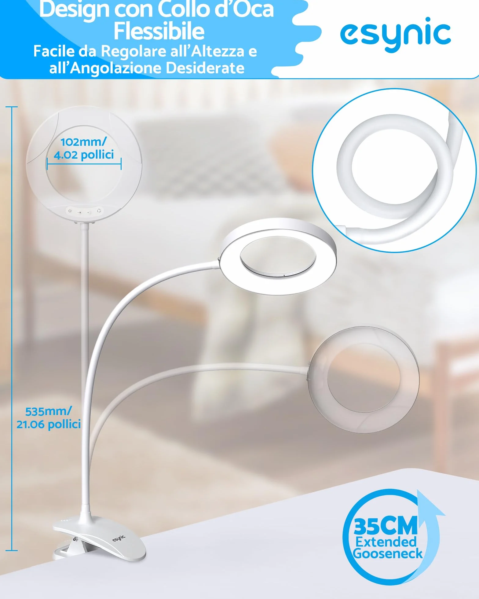 eSynic 2 in 1 Lente di Ingrandimento 5X 10X Lampada LED da Tavolo con Morsetto Staccabile e USB Cavo Integrato, Magnifier a 40 LED, 3 Colori Luce, 5 Temperature 3000-6500K, 10 Luminosità Regolabile