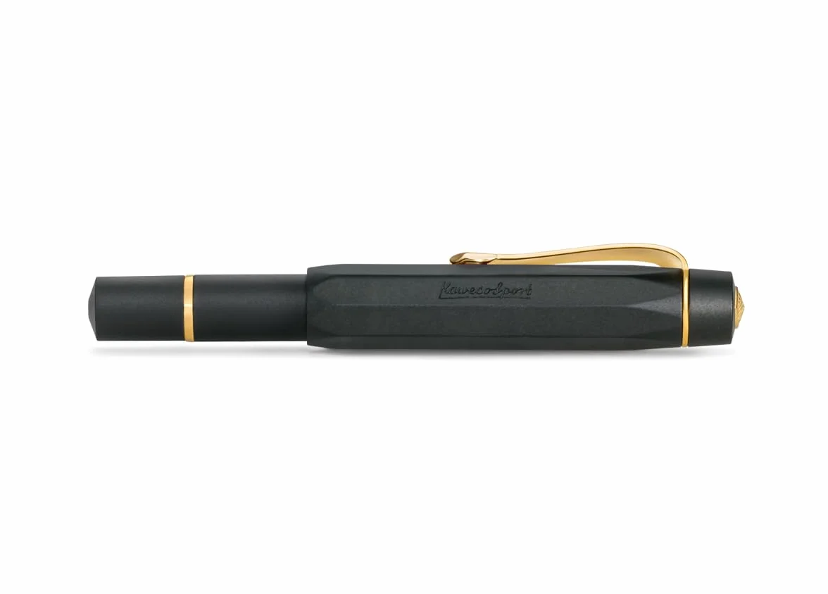Kaweco PISTON SPORT AL Black/Gold Solo I Classica Penna stilografica in alluminio per caricare inchiostro con finestra trasparente in scatola retrò 13 cm, larghezza penna: M (medio)