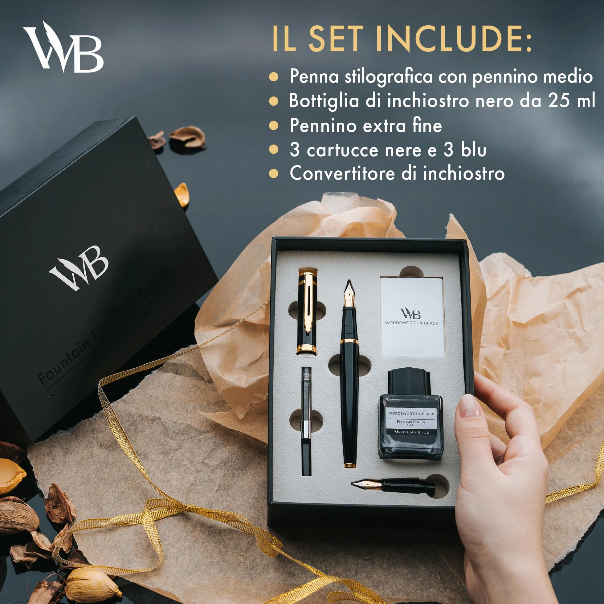 Wordsworth & Black Set di Penne Stilografiche, Pennino Medio e Extra Fine 18K Oro, Bottiglia Inchiostro Nero 25ML, 6 Cartucce, Convertitore, Confezione Regalo – [Nero Oro], Set per Uomini e Donne.