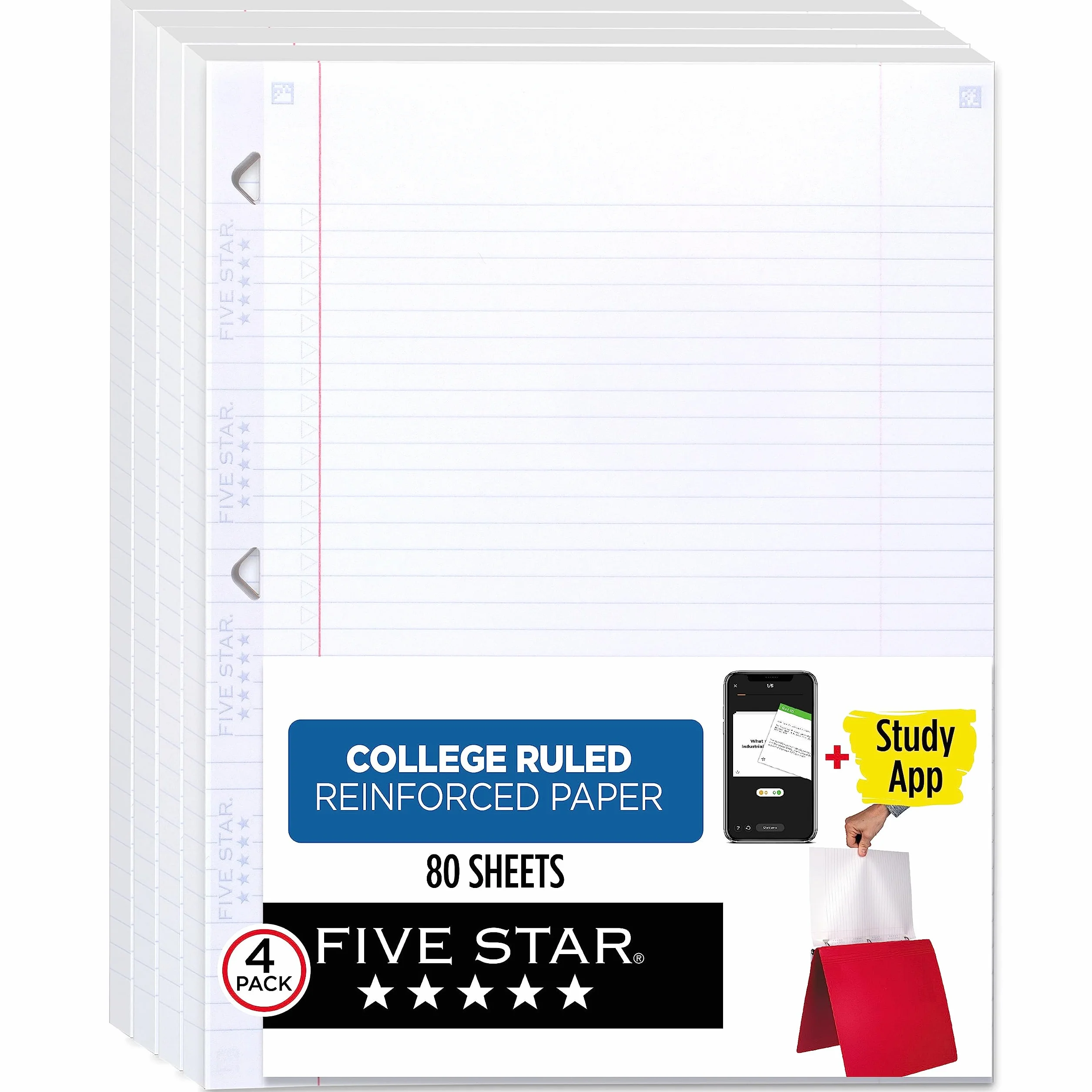 Five Star Foglio sfuso Plus Studio App, confezione da 4, 3 fori perforati, carta di riempimento rinforzata, carta a righe universitarie, 8-1/2" x 11", 80 fogli/confezione (170024-ECM)