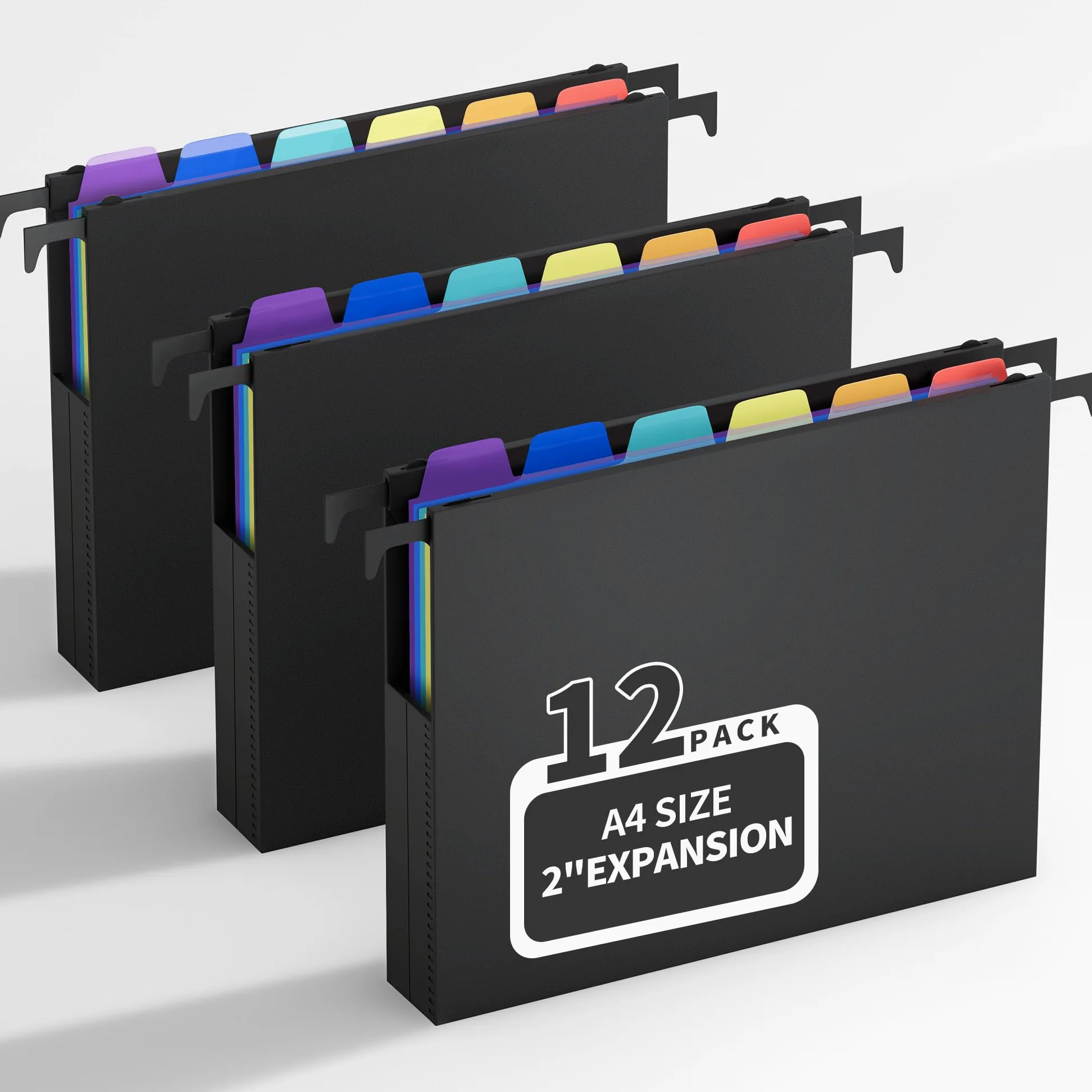 Uquelic Cartelle sospese formato A4, confezione da 12 cartelle sospese, capacità extra con linguette e divisori colorati, espansione da 5 cm, cartelle sospese in plastica, per scuola, casa e ufficio