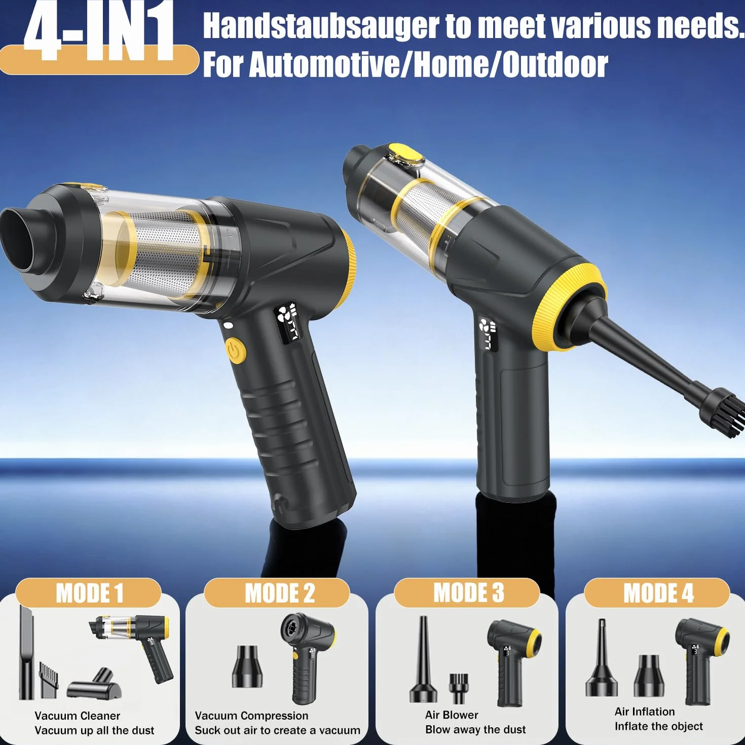 HKC 4 in 1 Soffiatore Aspiratore 110000RPM, Aria Compressa Elettrico 18000Pa, Air Duster Spolverino Motore Brushless, Aspirabriciole Senza Fili per Auto Casa Ufficio Peli Domestici schwarz