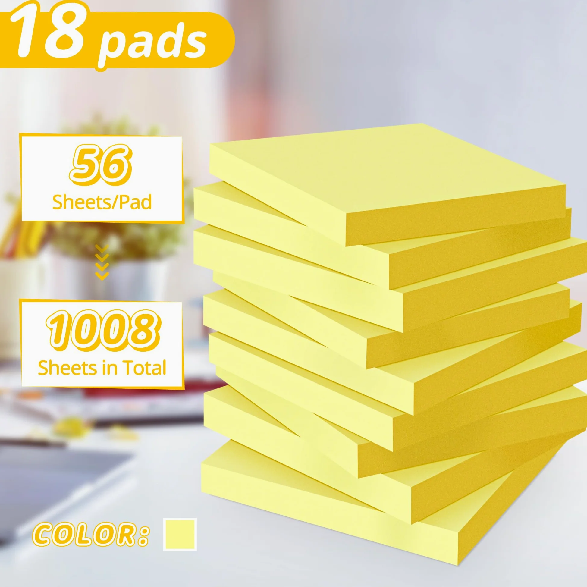 Confezione da 18 foglietti adesivi, 7,6 x 7,6 cm, colore giallo canarino, forte adesivo, rimozione pulita, riciclabili, autoadesivi, facili da spedire per casa, ufficio, notebook