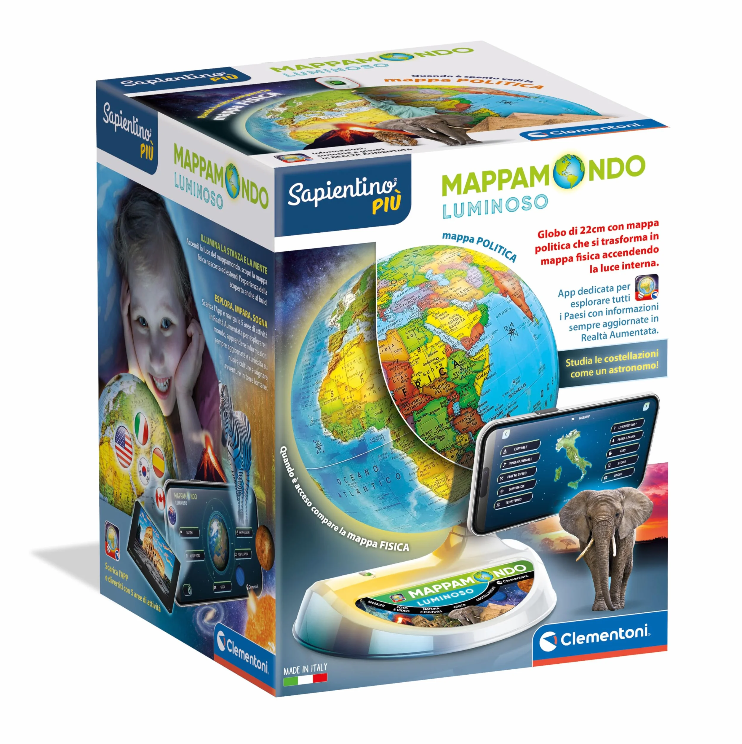 Clementoni Sapientino Più Mappamondo Luminoso Globo Educativo 22cm con Realtà Aumentata