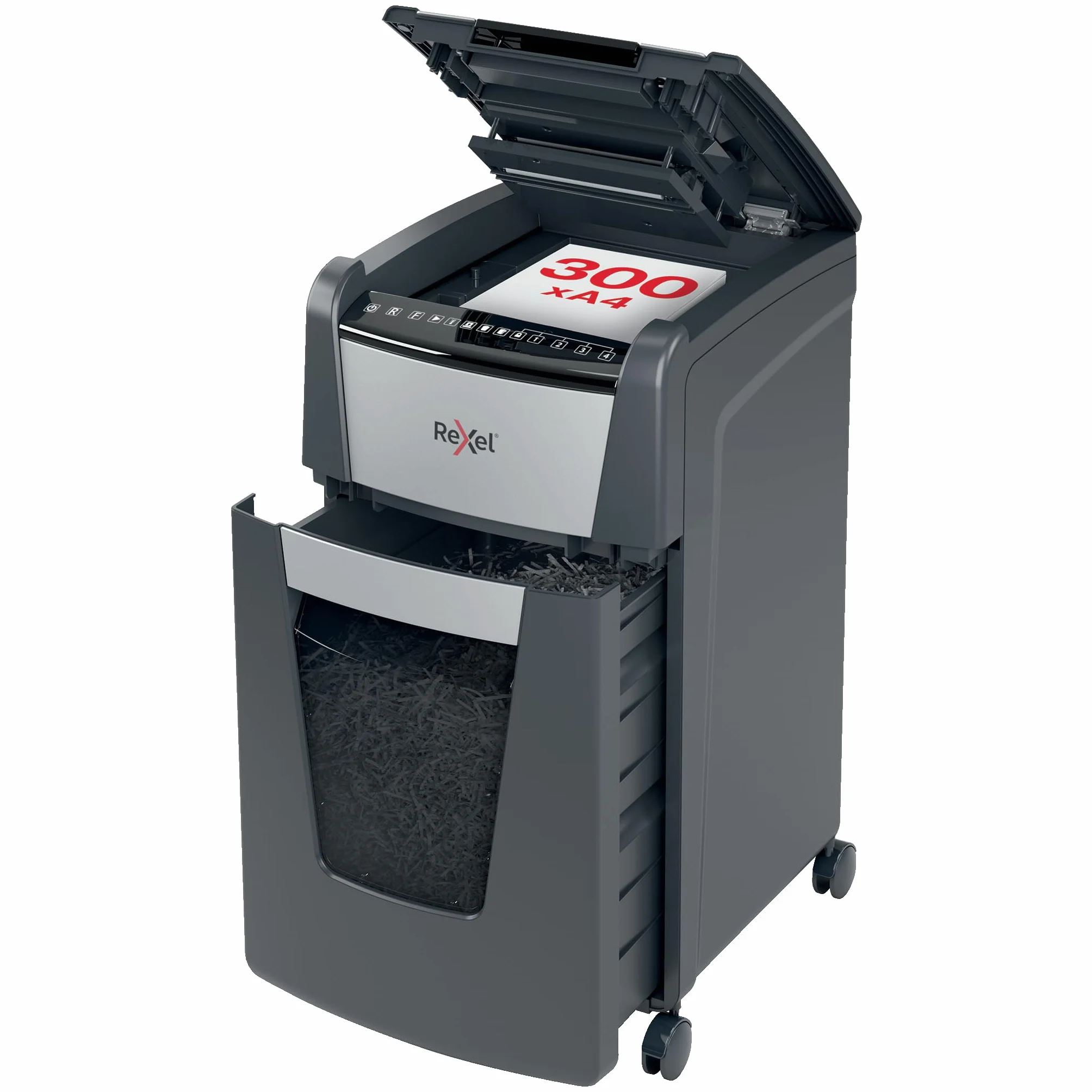 REXEL Optimum Auto Feed+ 300X, Distruggi documenti Automatico, 300-330 Fogli (80-70 gr-mq), Taglio a Frammento, Livello di Sicurezza P-4, per l?Ufficio, Capacit? 60 Litri, con Ruote, 2020300XEU