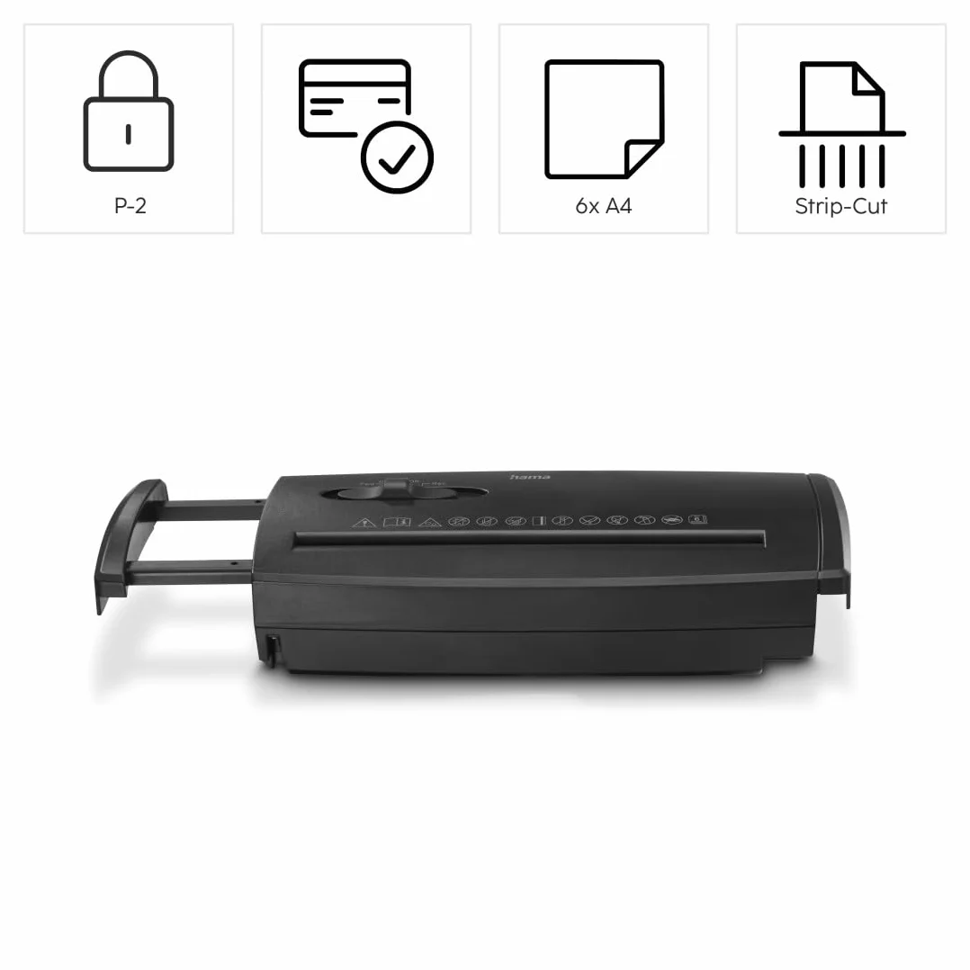 Hama Smerigliatrice di carta Classic S60, 6 fogli A4 a Volta, Distruttore di documenti con Braccio telescopico per Cesti di carta, Sicurezza P2 T2 E2, Nero