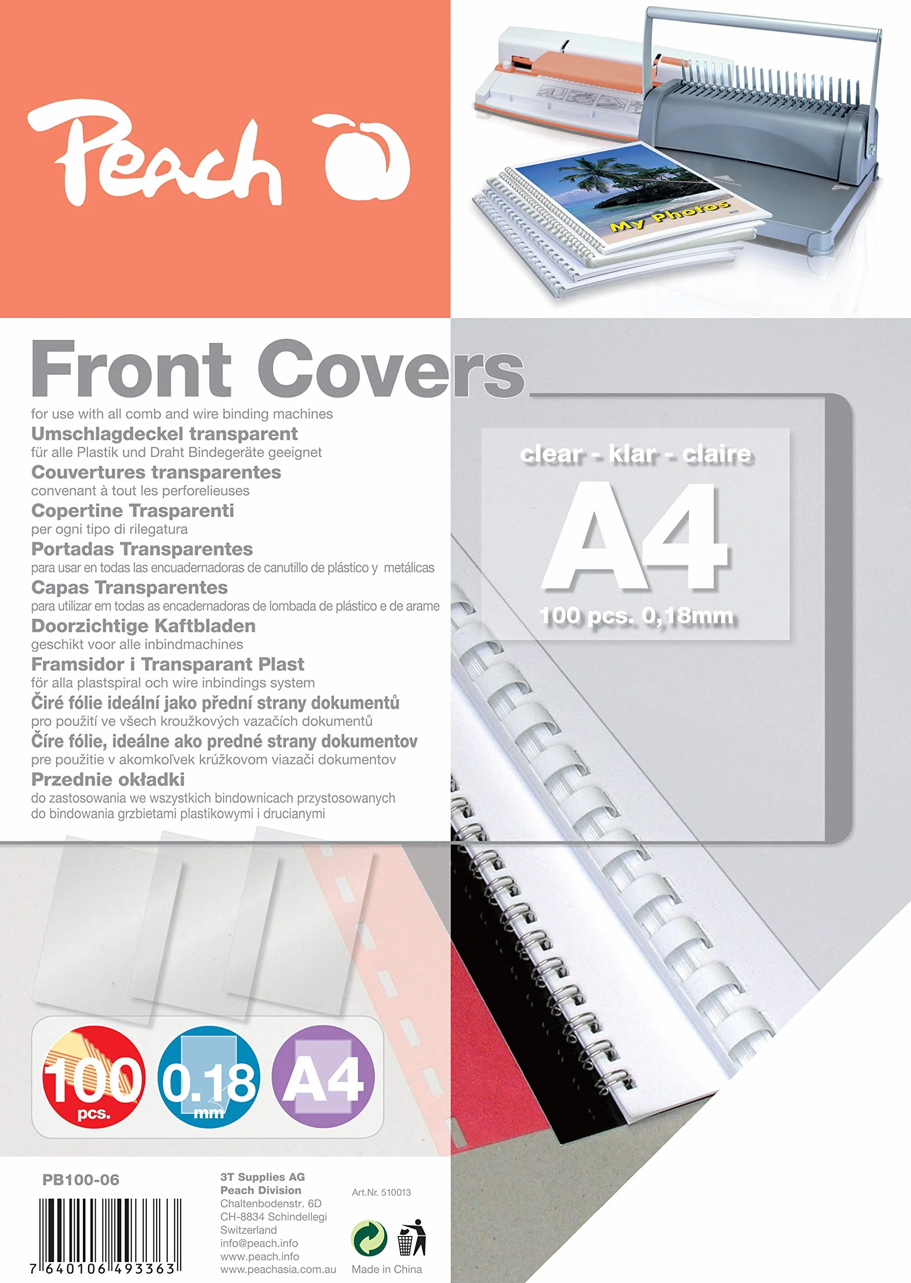 Peach PB100-06A Fogli Copertina A4 0,18 mm Trasparente Confezione da 200