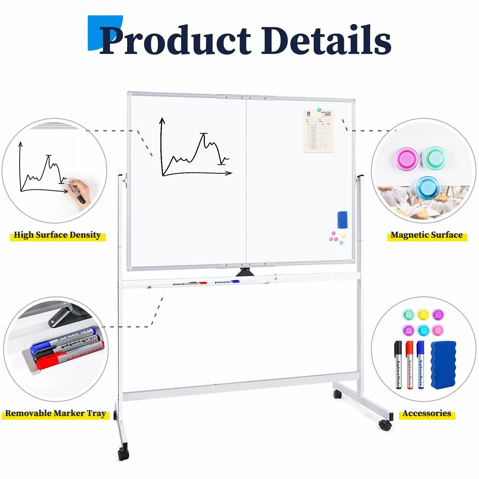 maxtek Lavagna Bianca Mobile con Supporto 180 x 100 cm, Grande Lavagna Cancellabile Magnetica Double Face, Cadre en Aluminium, Capovolgimenti 360° su Ruote, per Casa, Ufficio, Scuola