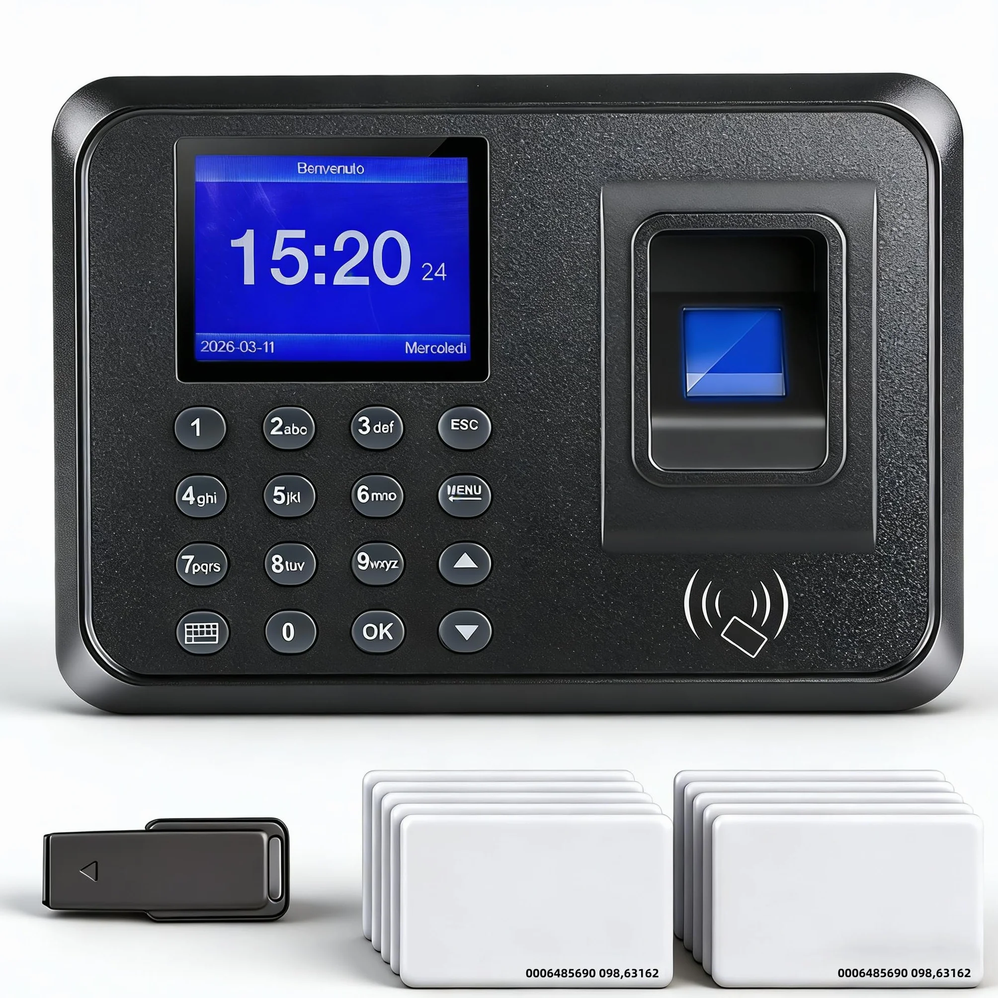 Orologio Marcatempo Biometrico per Piccole Imprese – 3-in-1: Lettore Impronte Digitali, Badge RFID (10 Inclusi), Codice PIN – Timbratrice Presenze Dipendenti senza WiFi, 0 Spese Mensili