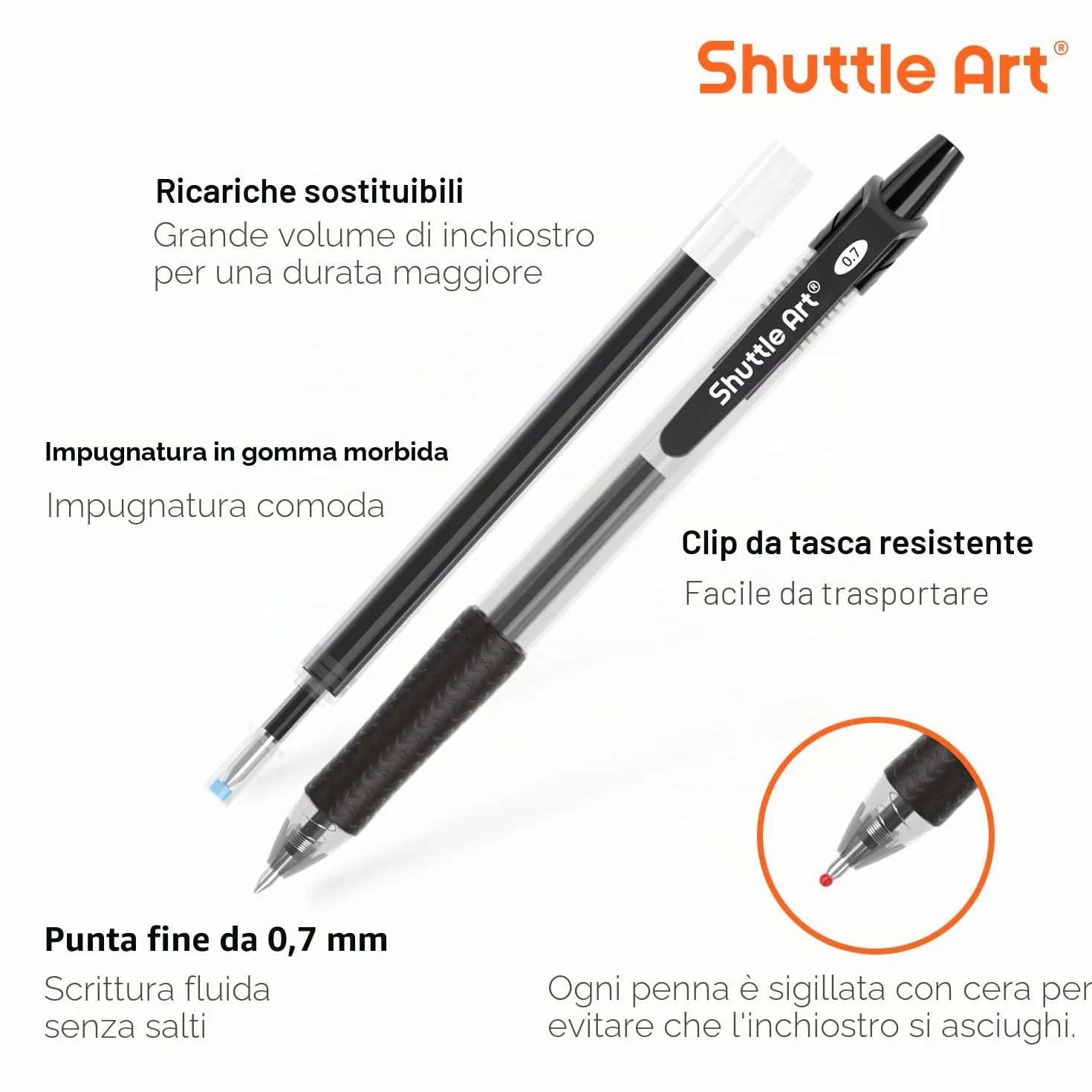 Shuttle Art 48 Pezzi Penna Gel Nera, Penne Gel con Ricariche, Punta Media 0.7mm, Cancelleria Scuola Ufficio