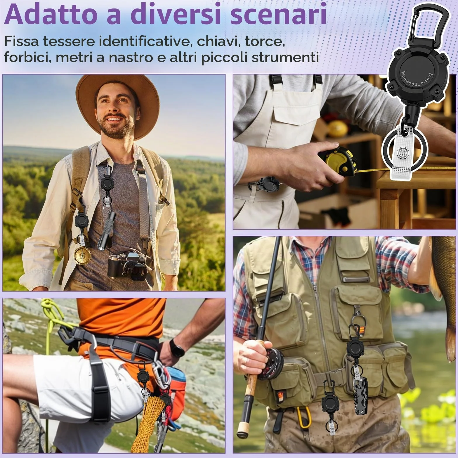 Porta badge retrattile 2 pezzi portachiavi allungabile filo acciaio 80 cm per campeggio escursionismo