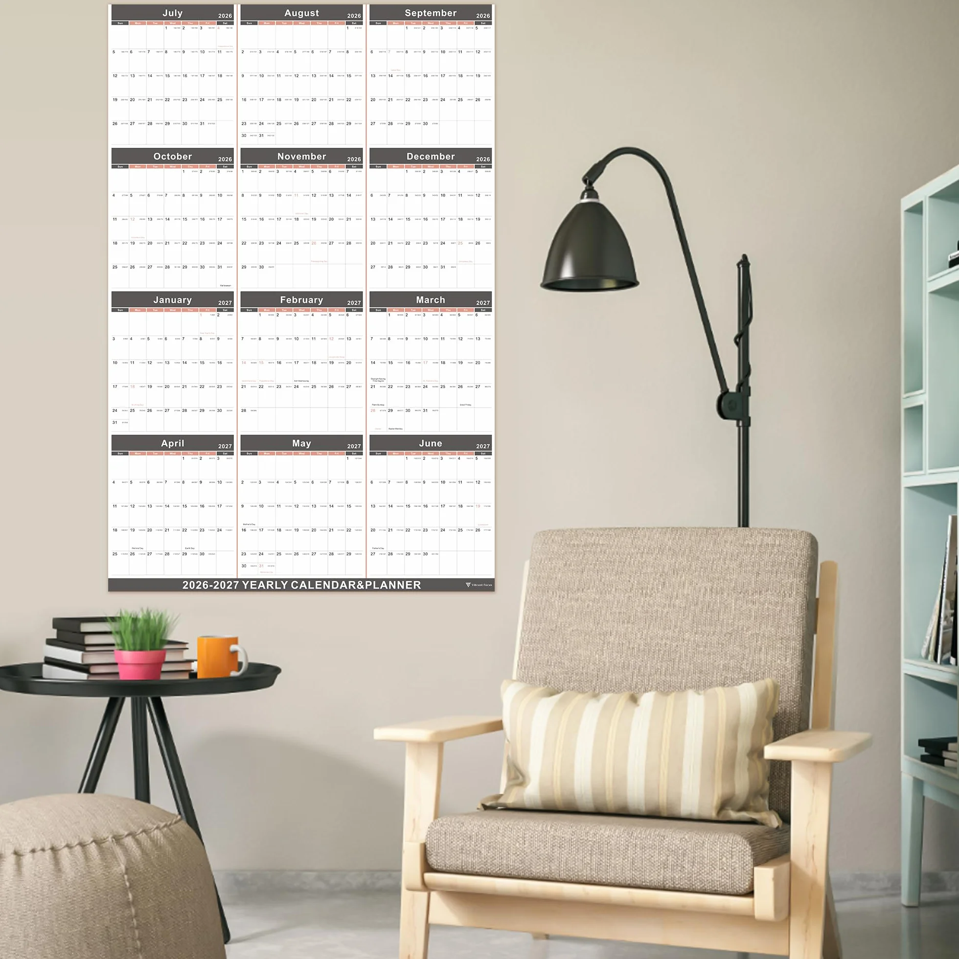 Vibrant Focus Calendario annuale 2026-2027, da luglio 2026 a giugno 2027, 88 x 57,9 cm | Calendario da parete 2026-2027, con carta spessa, XL, planner annuale 2026-2027 (calendario annuale, nero)