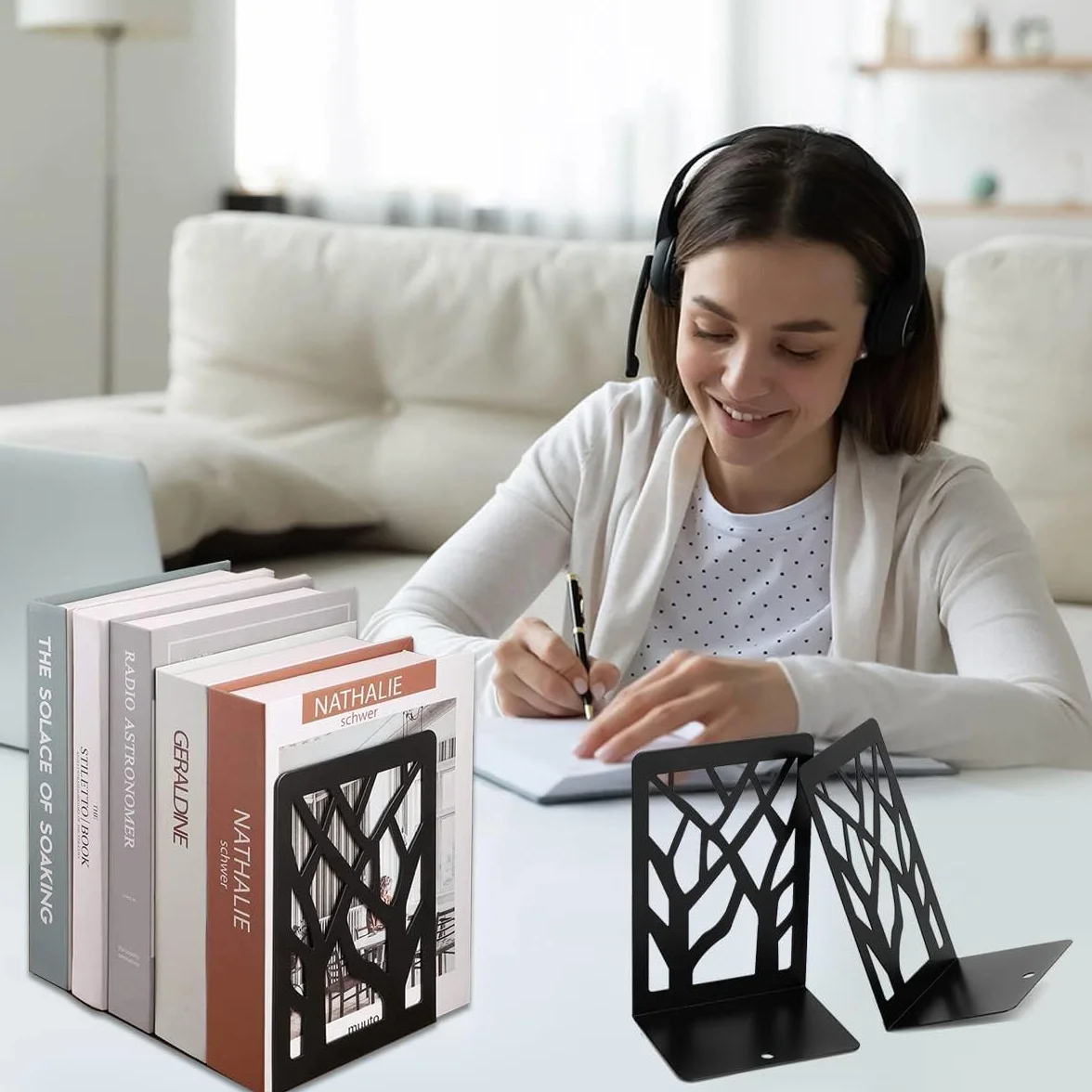 Fermalibri in Metallo per Scaffali, Bookends con Antiscivolo, Bianco