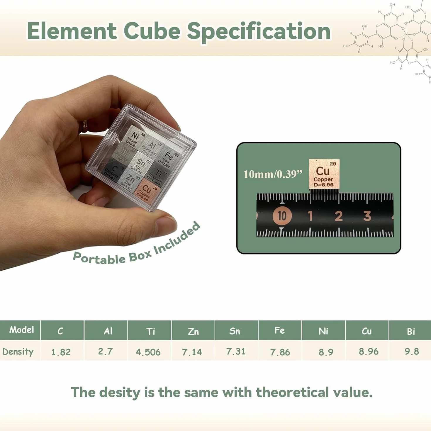 20pcs Set Cubo Elemento 0.39 "Densità Metal Cube Set 10mm Fino a 99.99% Purezza, Tungsten Cube, Bismuth e 18 Più per gli studenti Teacher Science Lover Collection & DIY (20)