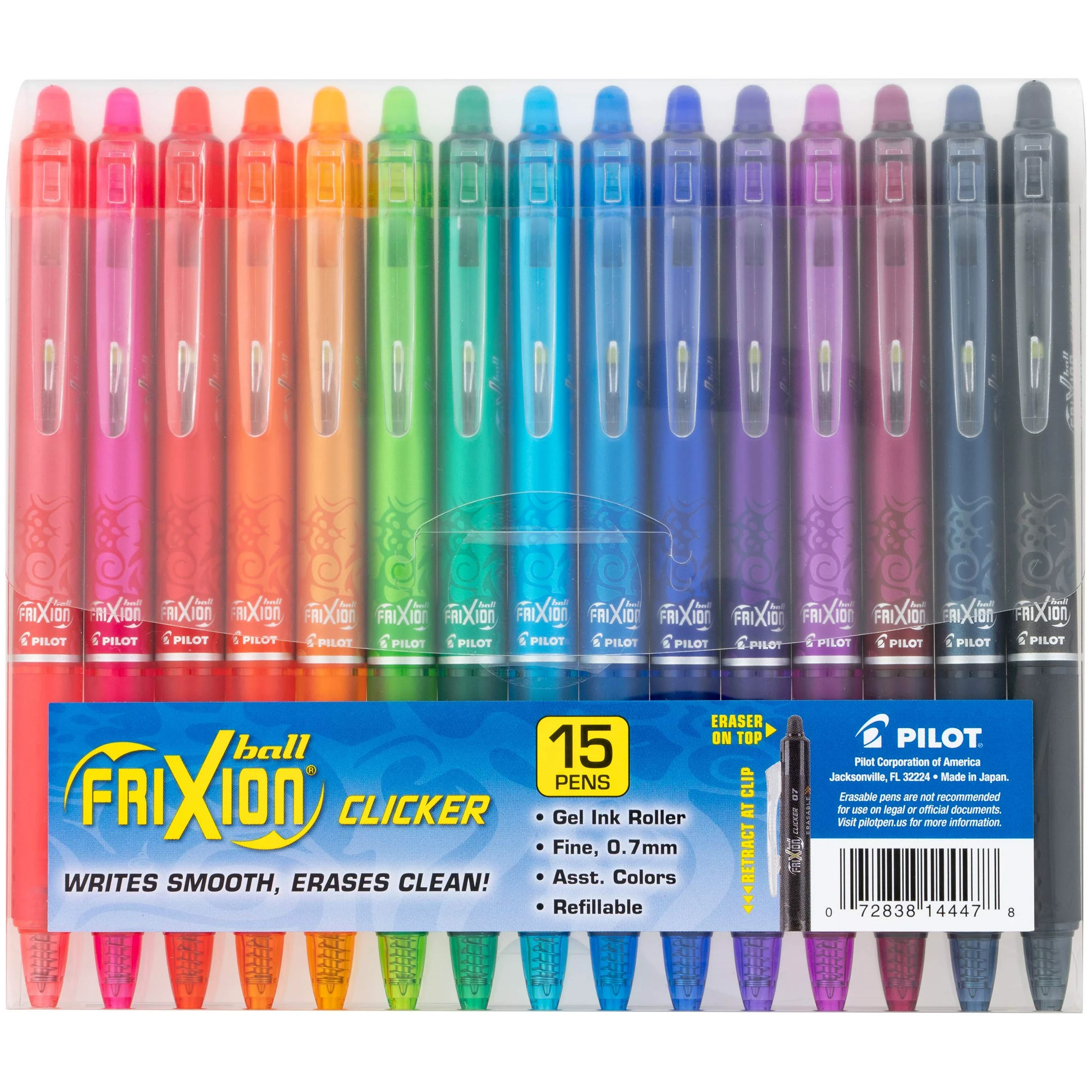 PILOT Penna 14447 FriXion Clicker Cancellabile, Ricaricabile & Retrattile Penna inchiostro gel, Punta fine, Colori assortiti, Confezione da 15