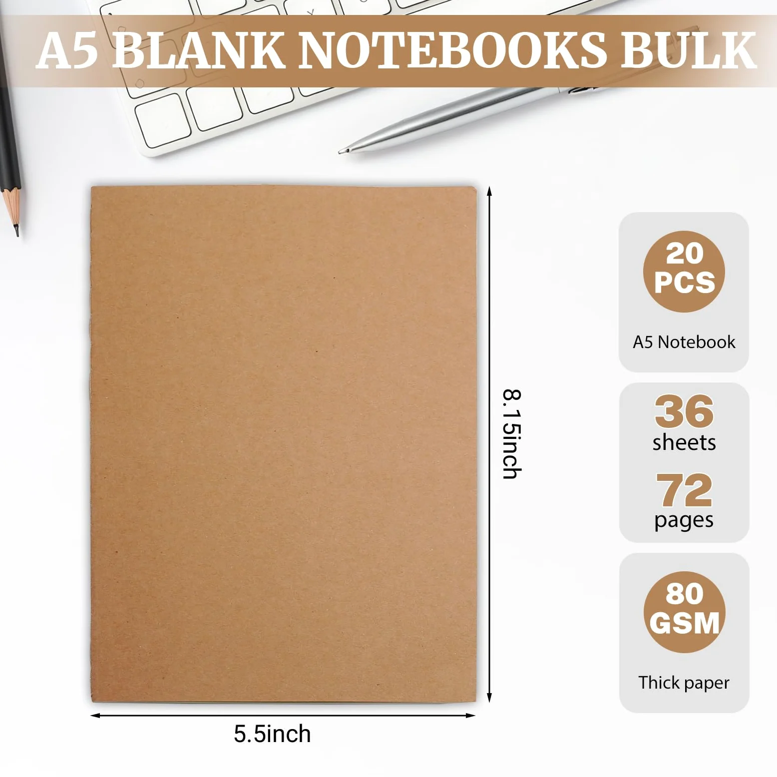 Confezione da 20 quaderni A5 in carta kraft, 72 pagine, 20,5 x 14,9 cm, quaderni per lavoro, quaderni di composizione per scuola, diari per ufficio