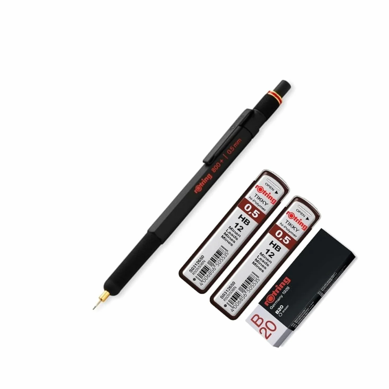 rOtring 800+ matita meccanica e stilo touchscreen | Twist-to-Retact HB 0,5 mm Propelling Pencil | 2 x 12 HB 0.5 mm mine | Gomma B20