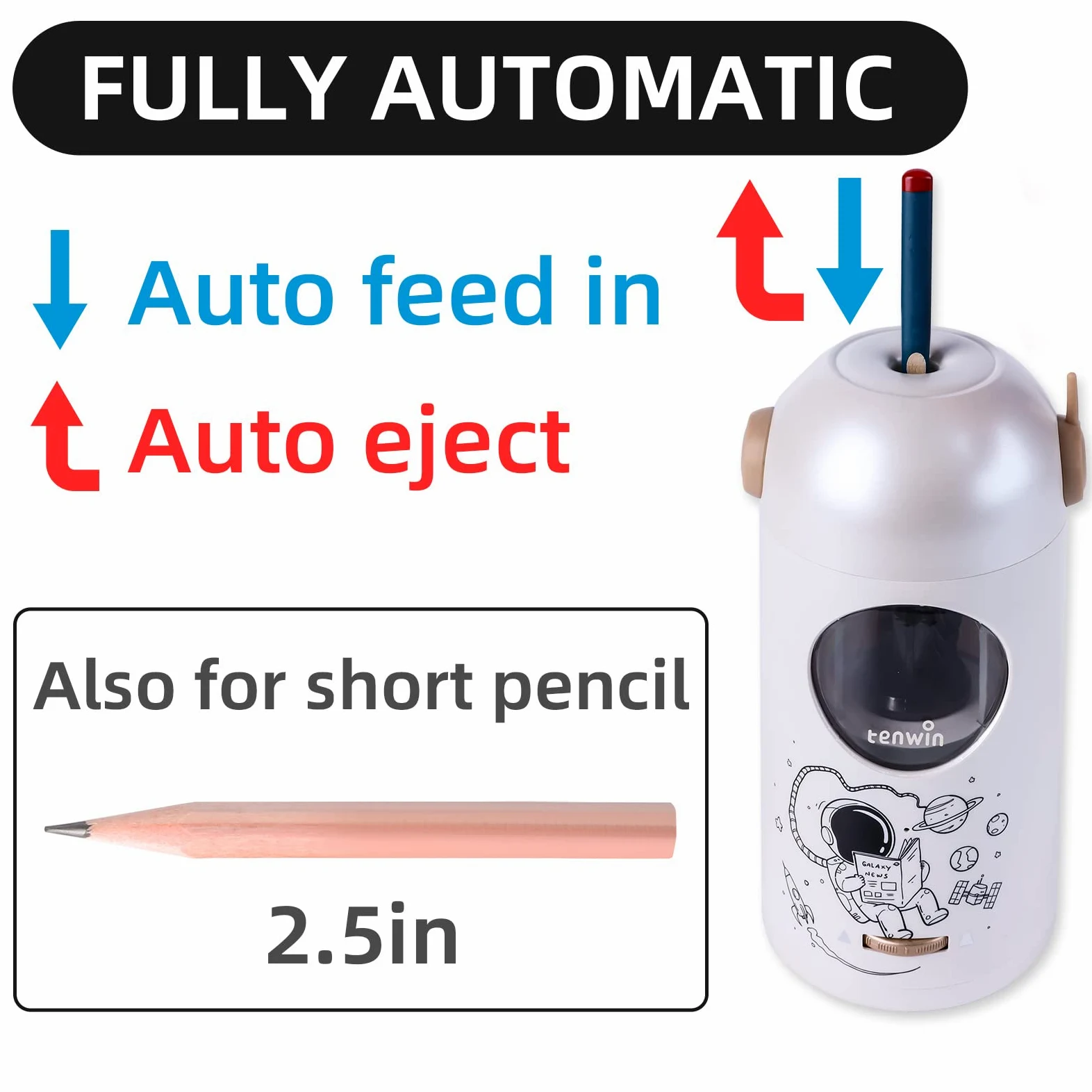 Tenwin - Temperamatite elettrico ricaricabile, completamente automatico per matite da 7 a 11,5 mm, temperamatite a mani libere per matite colorate, ingresso e uscita automatica, punte regolabili