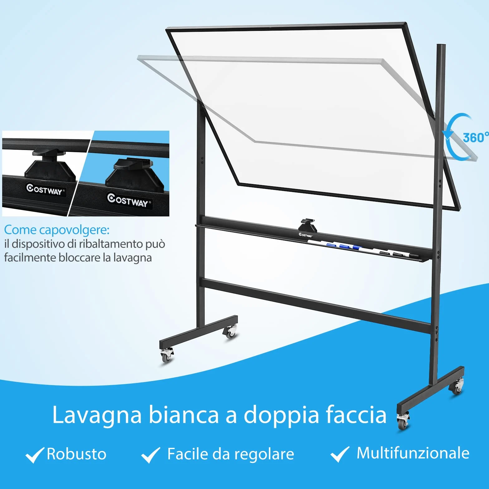 COSTWAY Lavagna Bianca Magnetica Mobile, Lavagna Cancellabile con Altezza Regolabile Girevole a 360°, con 4 Ruote Bloccabili, Doppia Faccia, 90 x 120 cm