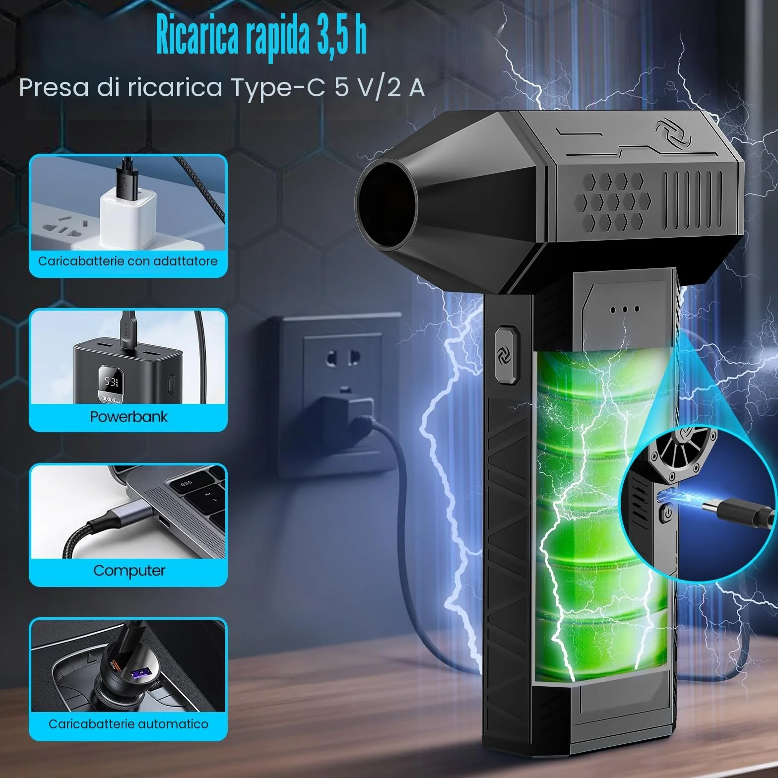 Aria Compressa Elettrico Rimuovi Polvere - 3 Velocità 130000 Giri/Min Mini Soffiatore a Batteria, Turbo Fan con 4 Soffiatore, Pistola ad Aria Compressa per Pulizia di PC, Tastiera, Auto e Divano