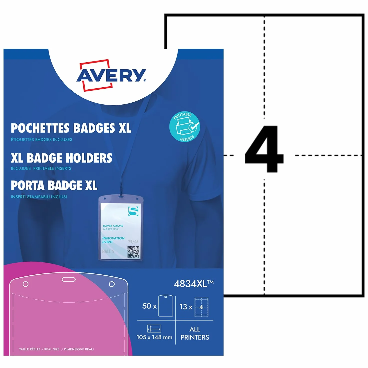 Avery Italia 4834XL 50 porta badge trasparenti A6, 52 inserti carta FSC® stampabili laser e inkjet