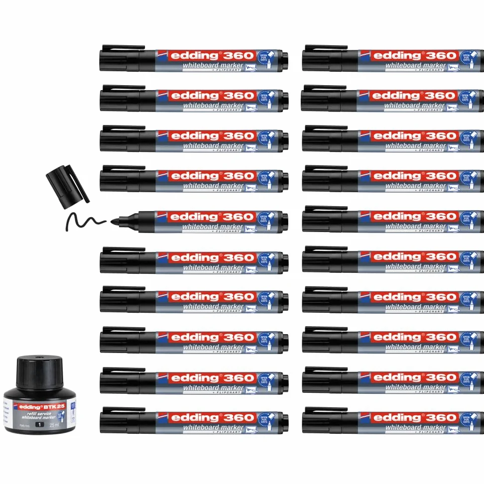 Edding 360 Marcatore per Lavagne Bianche, Nero, 20Pz, Punta Tonda 1.5-3 Mm, per Lavagne Bianche a Secco, Lavagne a Fogli Mobili, Lavagne Magnetiche, Memo, Sketchnotes, Ricaricabili