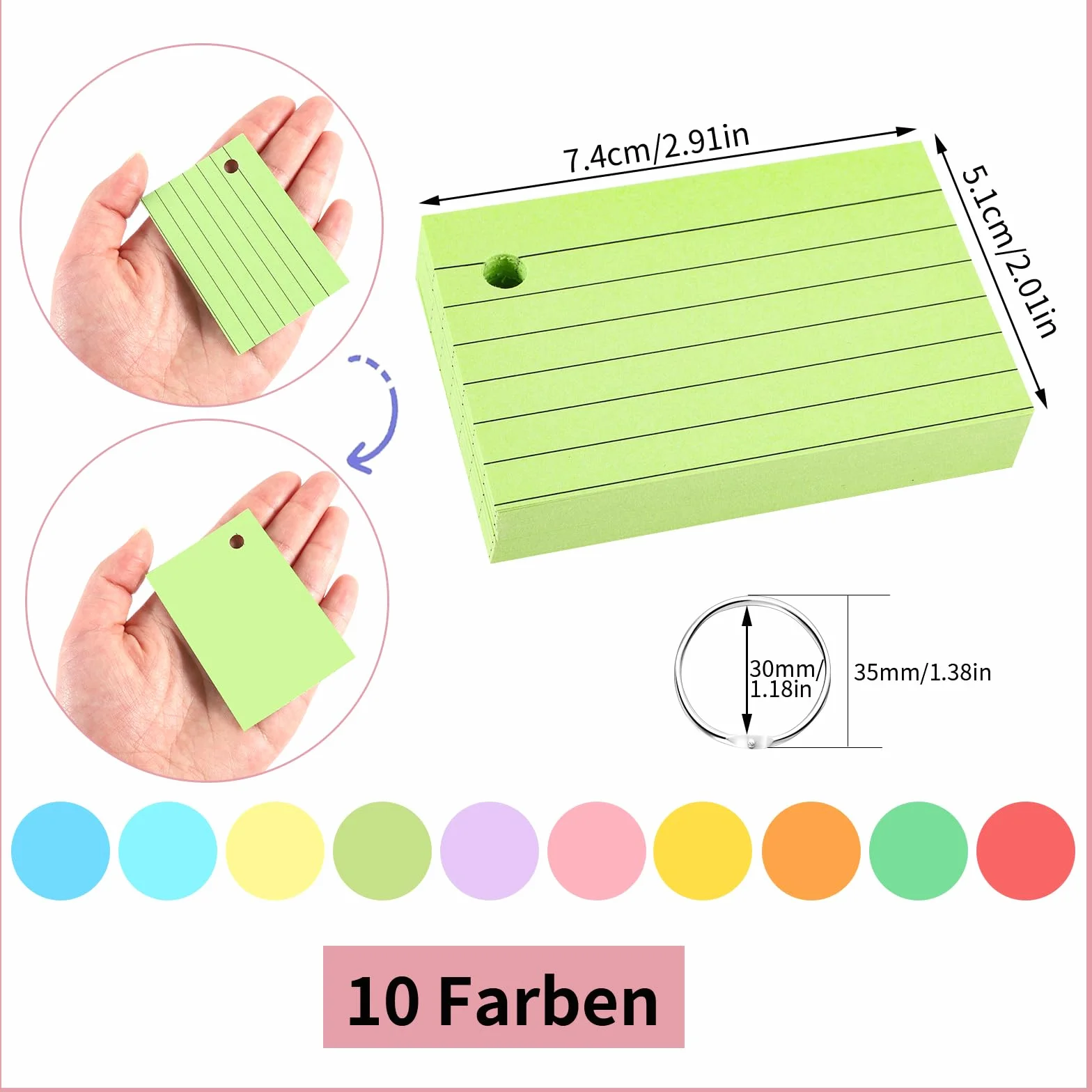 Yoosso 600 Pezzi Flash Card A8 7,4 x 5,1 cm Cartoncino a Righe Schede Indice con Anelli per Scuola Ufficio Studio