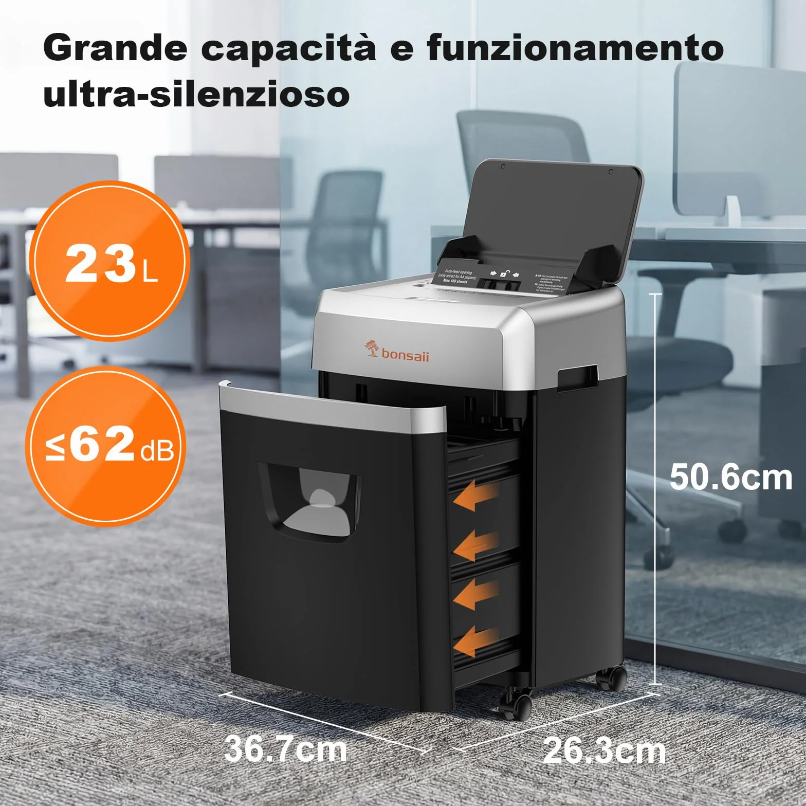 Bonsaii Distruggidocumenti con alimentazione automatica per 160 fogli, taglio a croce P-4, 60 minuti di funzionamento continuo, scatola di scarico da 23 litri, per uso ufficio C290-A