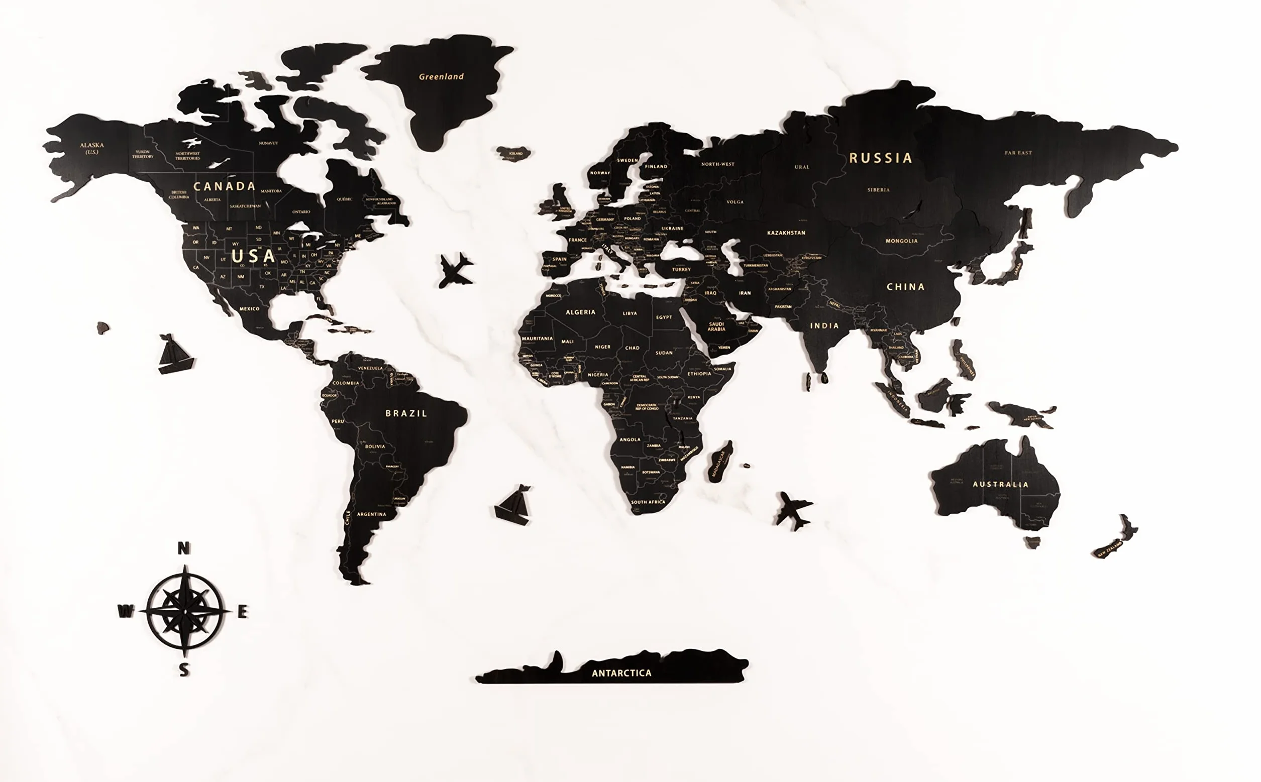 Creawoo Mappa del Mondo in Legno da Parete Decorazione, Nero Mappamondo in Legno Parete Puzzle Arte per Soggiorno, Ufficio, Camera Decorazione -200x114 CM