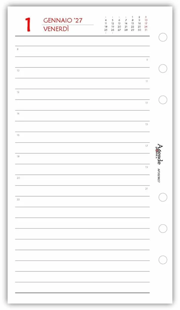 Agenda 2027 Organizer Giornaliera a Righe 9,5x17 cm 6 Fori Carta Bianca 80gr Bianco e Rosso