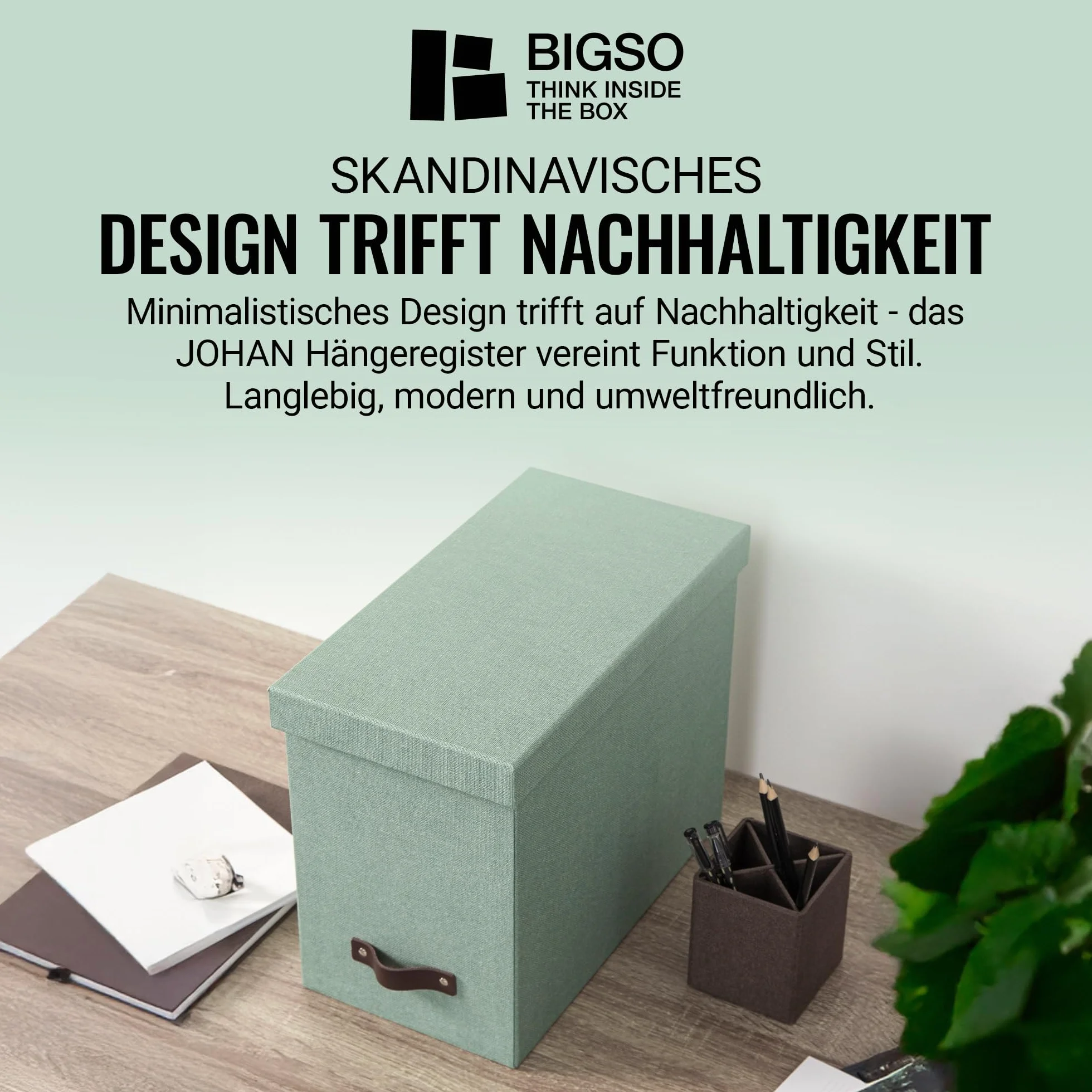 BIGSO JOHAN Scatola per cartelle sospese con coperchio, elegante scatola per archivio con 8 raccoglitori sospesi, scatola per cartelle sospese in fibra e carta in elegante effetto lino, verde menta