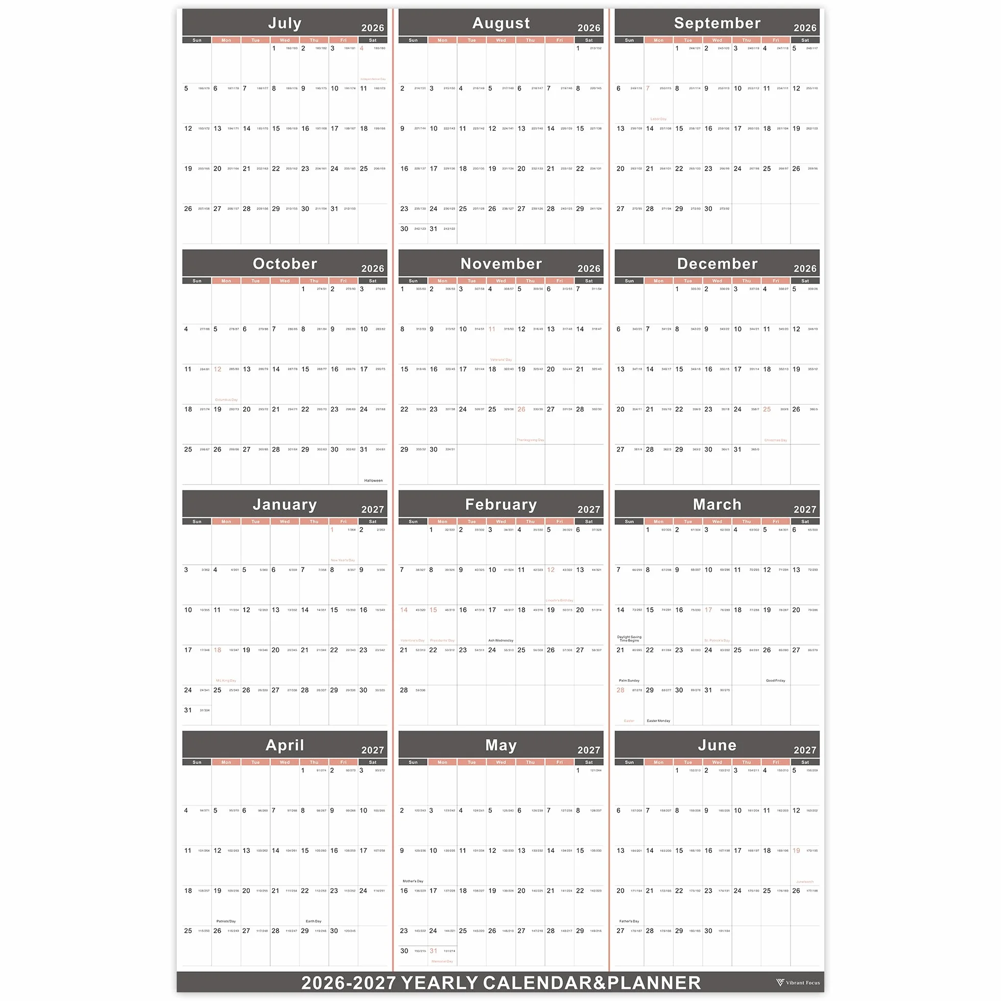 Vibrant Focus Calendario annuale 2026-2027, da luglio 2026 a giugno 2027, 88 x 57,9 cm | Calendario da parete 2026-2027, con carta spessa, XL, planner annuale 2026-2027 (calendario annuale, nero)