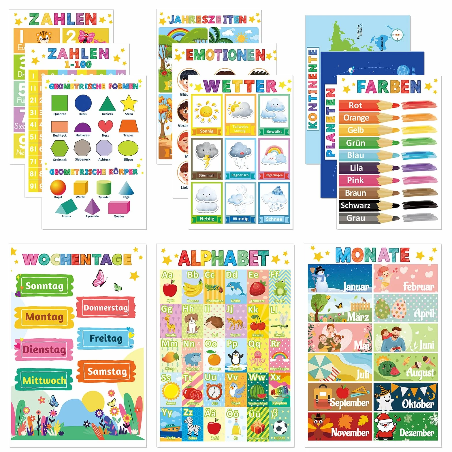 COCHIE 12 poster educativi Montessori formato A4 alfabeto numeri per bambini scuola materna