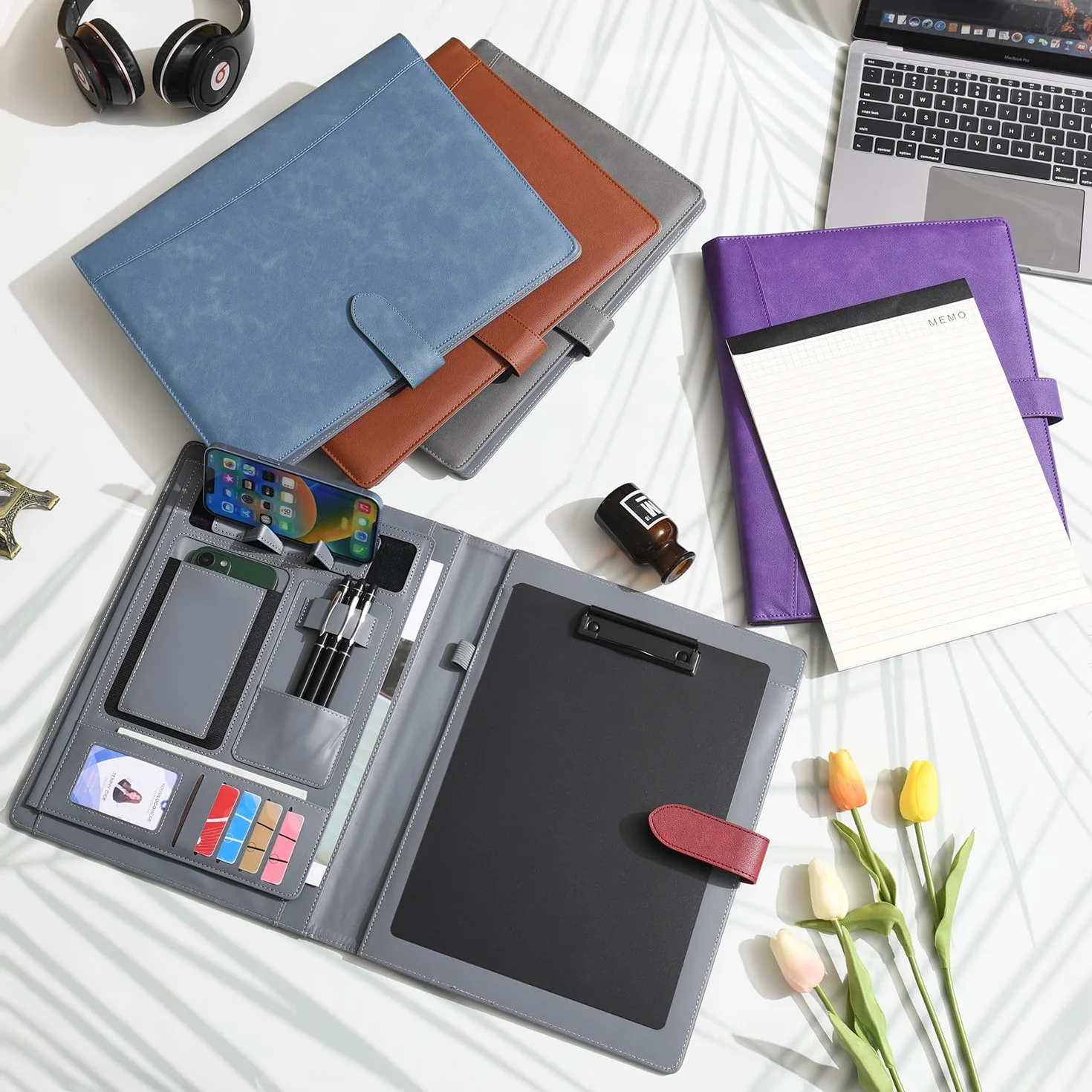 Wason Portadocumenti PU A4 Cartella Tasche Padfolio Custodia con Portablocco Rimovibile Grigio