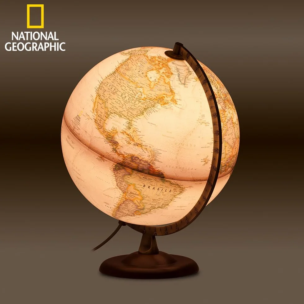 Tecnodidattica - Mappamondo National Geographic Gold Executive | Cartografia Fisico-Politica Stile Antico | Luminoso | Base in Legno e Meridiano in Metallo | Testi in Italiano | Diametro 30 cm