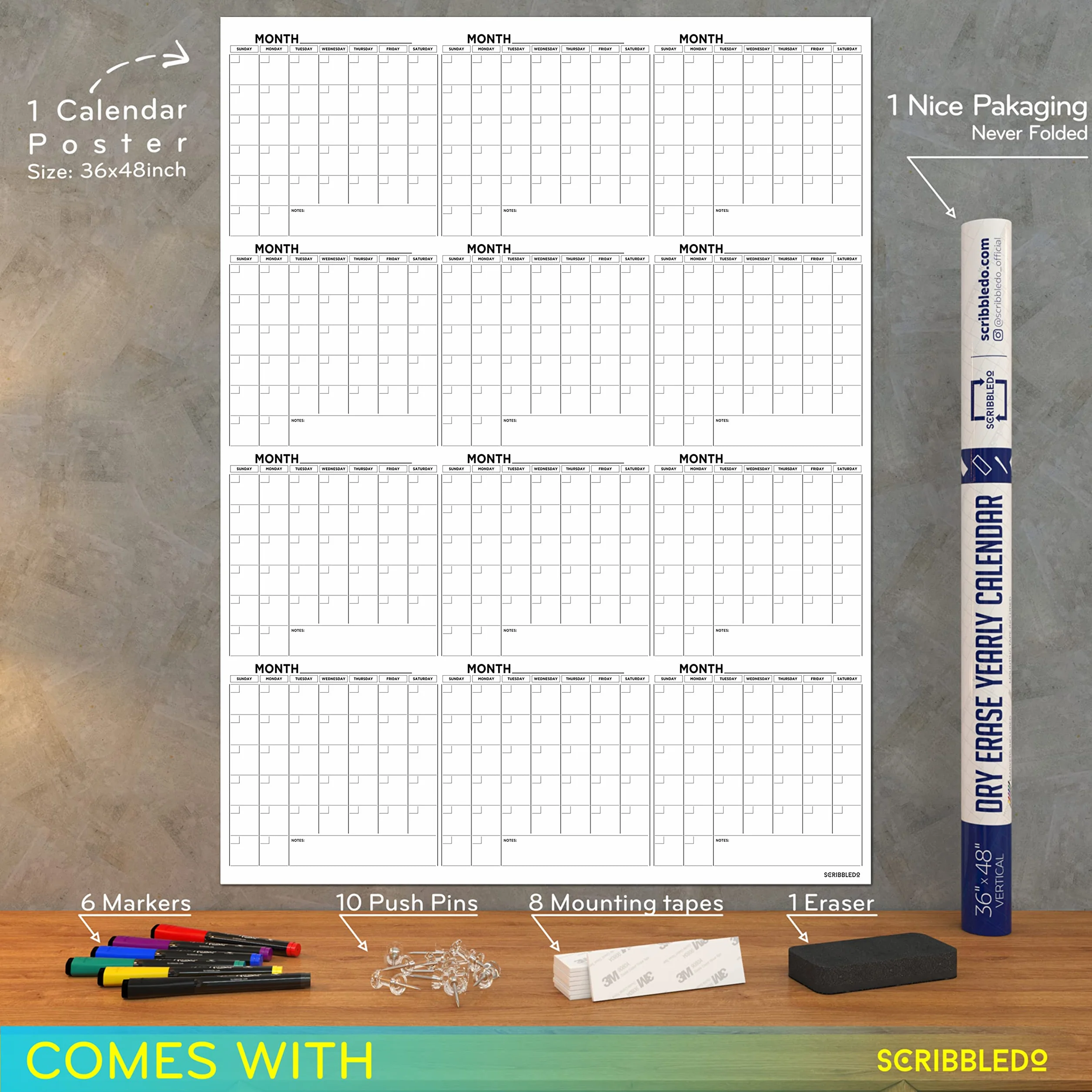 Grande calendario da parete cancellabile a secco 91,4 x 121,9 cm, calendario da parete 2024 annuale mensile, include 6 pennarelli, cancellino e nastro di montaggio