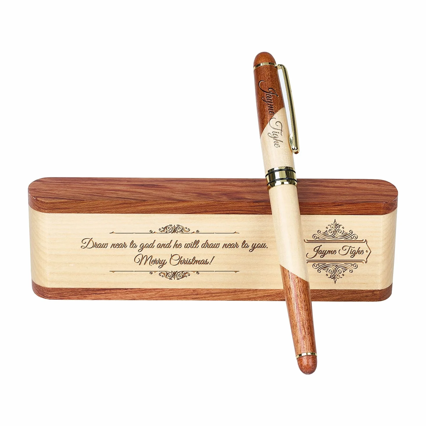 Set di penne in legno incise, penna esecutiva e scatola con personalizzazione gratuita, penna a sfera con custodia per regalo (B)