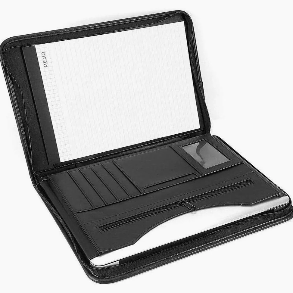 Cartella Portadocumenti A4 Pelle con Cerniera, Cartelle Porta Documenti Organizer Borsa per Conferenza, con fessure e porta biglietti, Nero