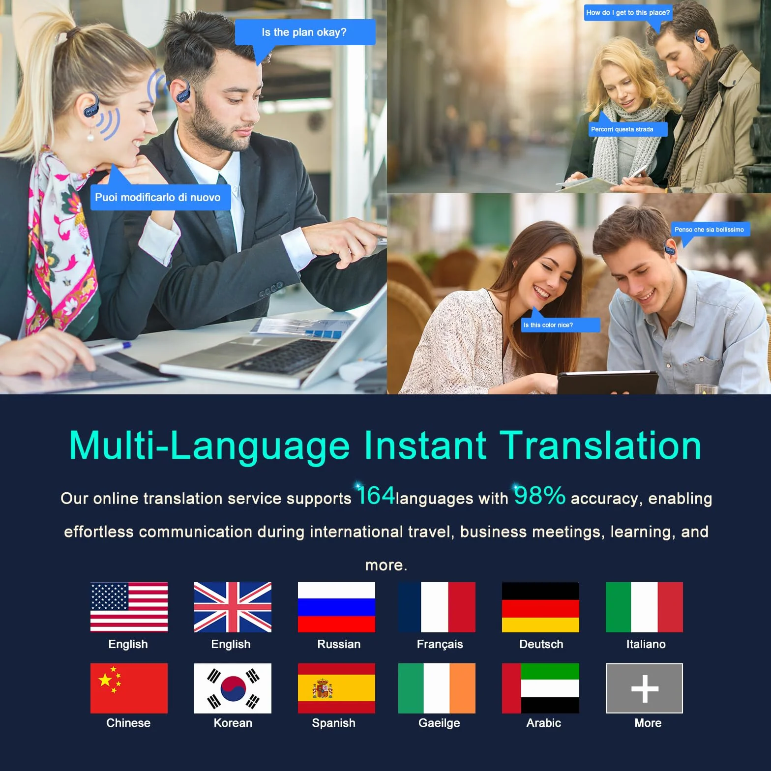 AI Cuffie Traduzione, 3 in 1 Bluetooth 5.4 Auricolari Traduzione con 164 Lingue/6 Modalità di Traduzion, 75 Ore Cuffie Traduttori Istantanei con APP, Auricolare bluetooth per Viaggi/Affari, Blu