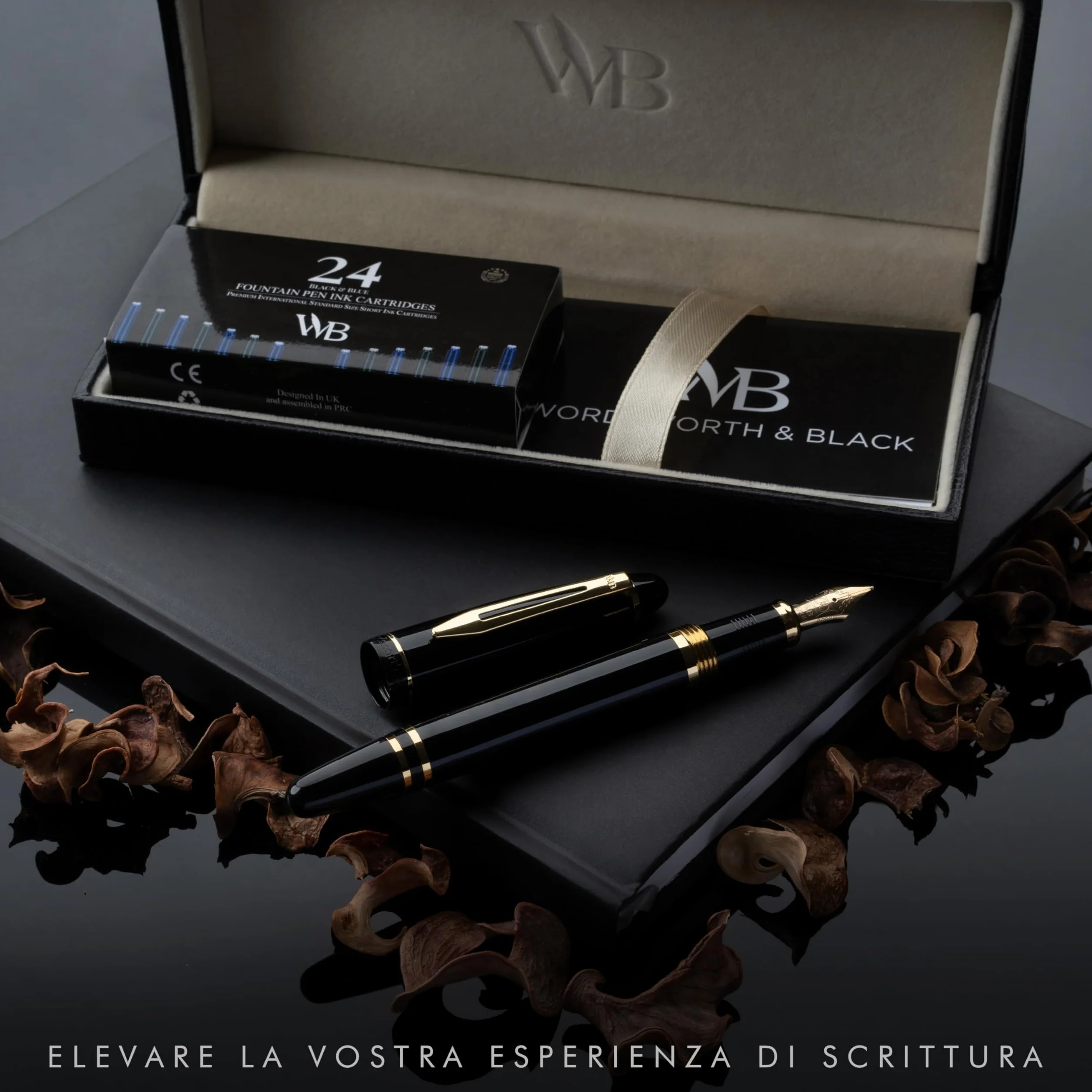 Wordsworth & Black Set di penne stilografiche Majesti [Oro Nero]; pennino medio, scatola regalo, 24 cartucce di inchiostro, convertitore di ricarica, manuale; agenda, set calligrafia