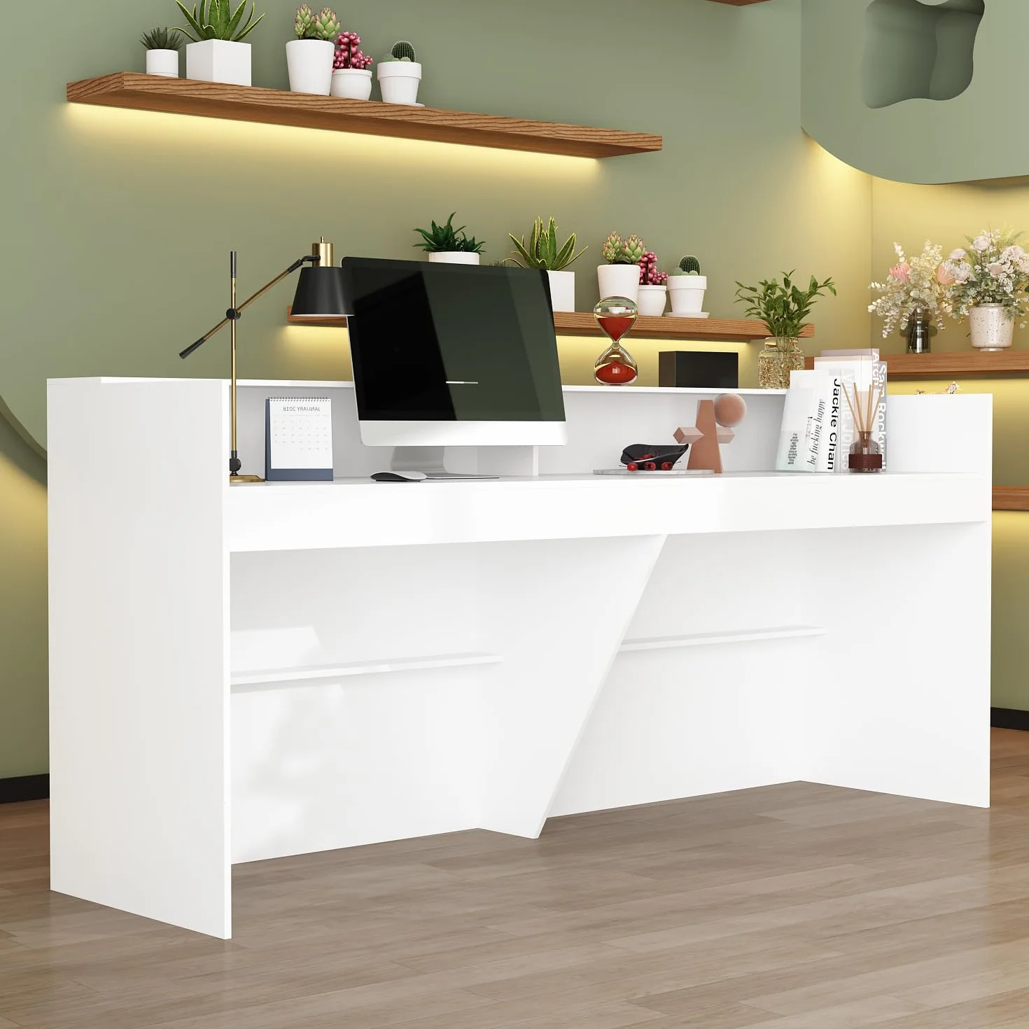 Banco di Ricevimento Con Grande Superficie di Lavoro, Bancone Della Reception, Tavolo da Ufficio Con Protezione per la Privacy, Bianco, 220 x 60 x 100 cm