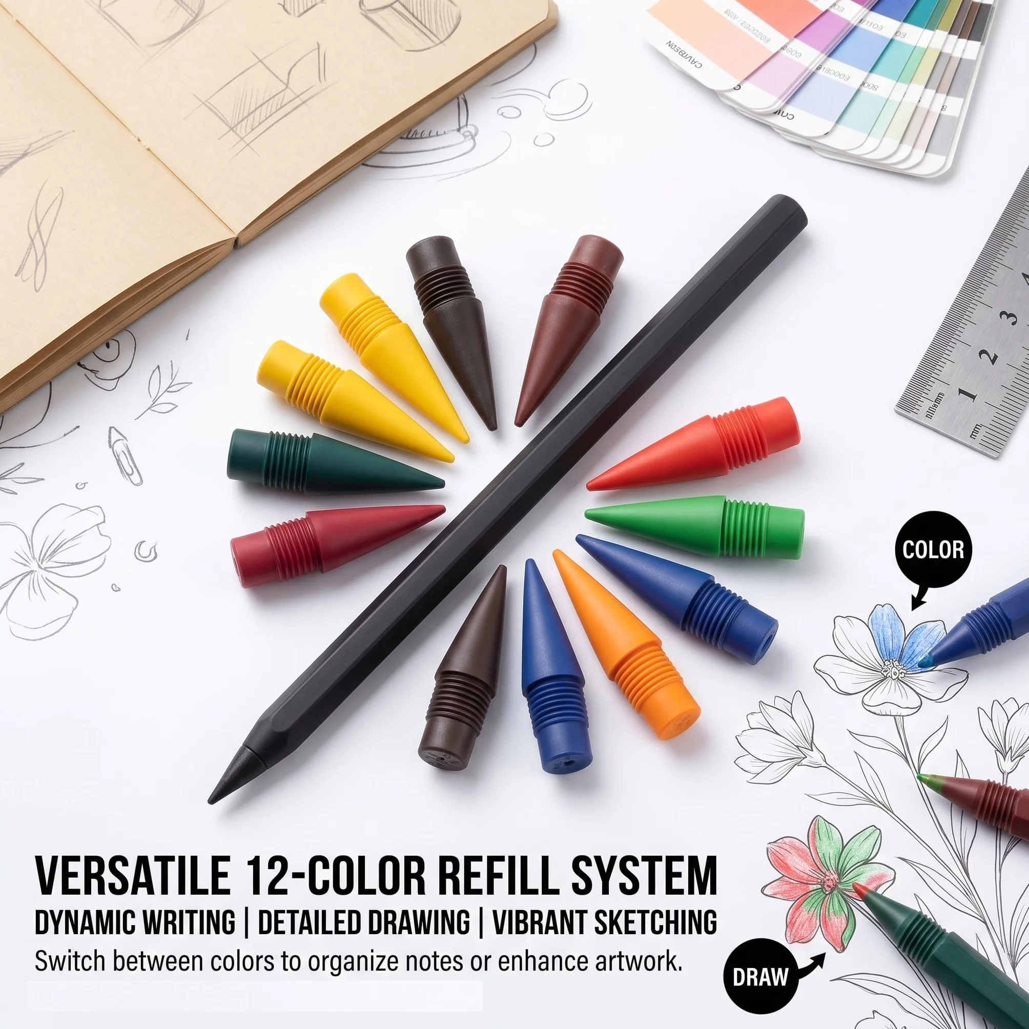 Matita Infinità Metallo 2 Pezzi, Matita Eterna Senza Inchiostro con 12 Mine di Ricambio Colorate, Perpetua Riutilizzabile per Scrittura e Disegno, Gadget Tecnologici (Nero)
