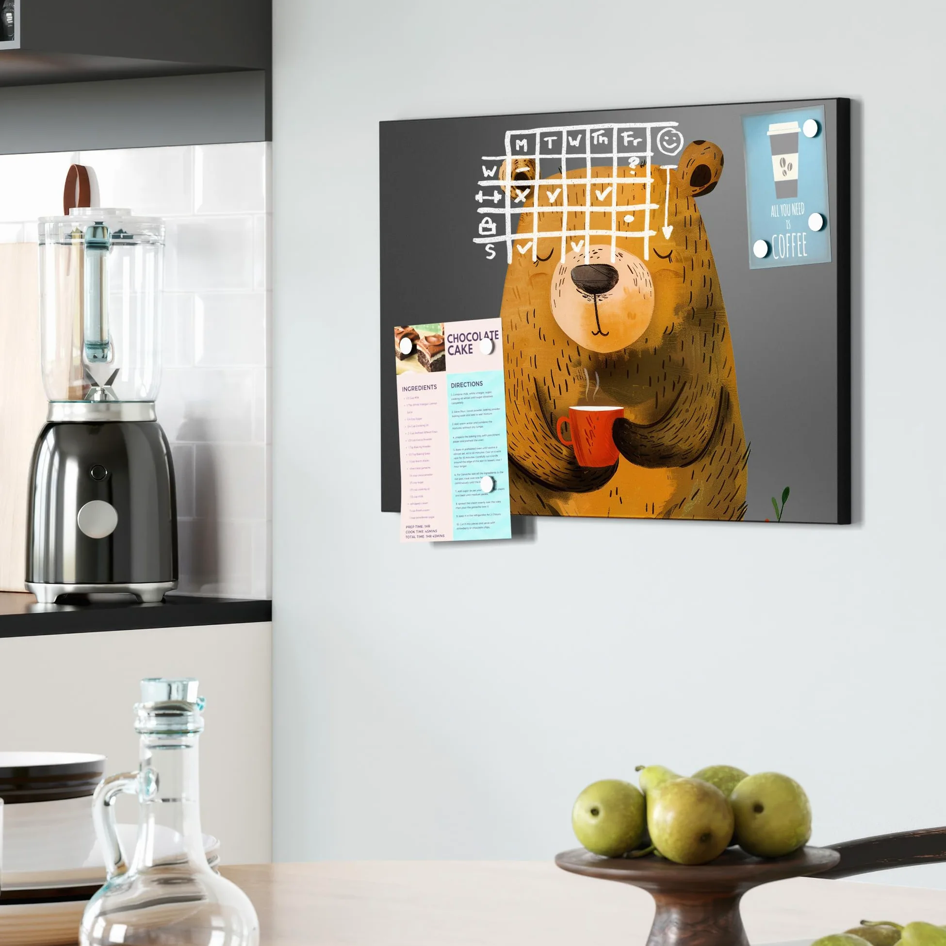 DEQORI Lavagna magnetica con stampa UV | motivo "pausa caffè orsacchiosa" | Design rettangolare 60 x 40 cm | Lavagna in metallo gesso scrivibile – Decorazione da parete per cucina, corridoio