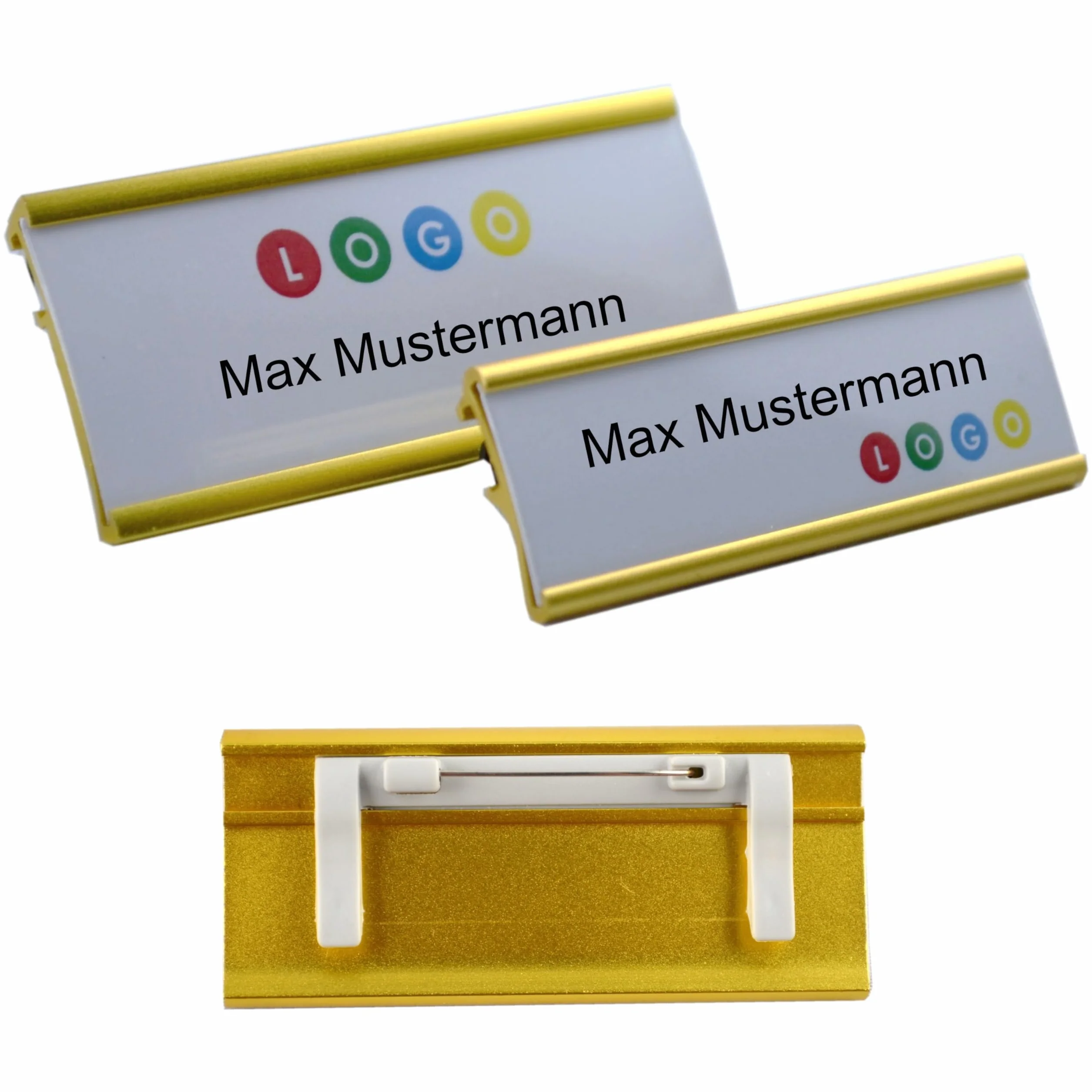 Portanome Alluminio anodizzato color oro 65x22 mm 72x32 mm Spilla Clip Badge