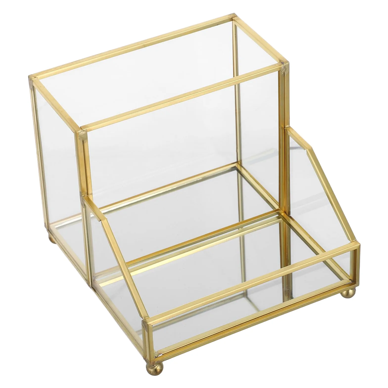 Scatola Porta Biglietti da Visita con Bordo Oro, Organizer Elegante | Vetro e Ferro, Formato Verticale da Tavolo, per Ufficio e Riunioni, Scambio Rapido delle Carte