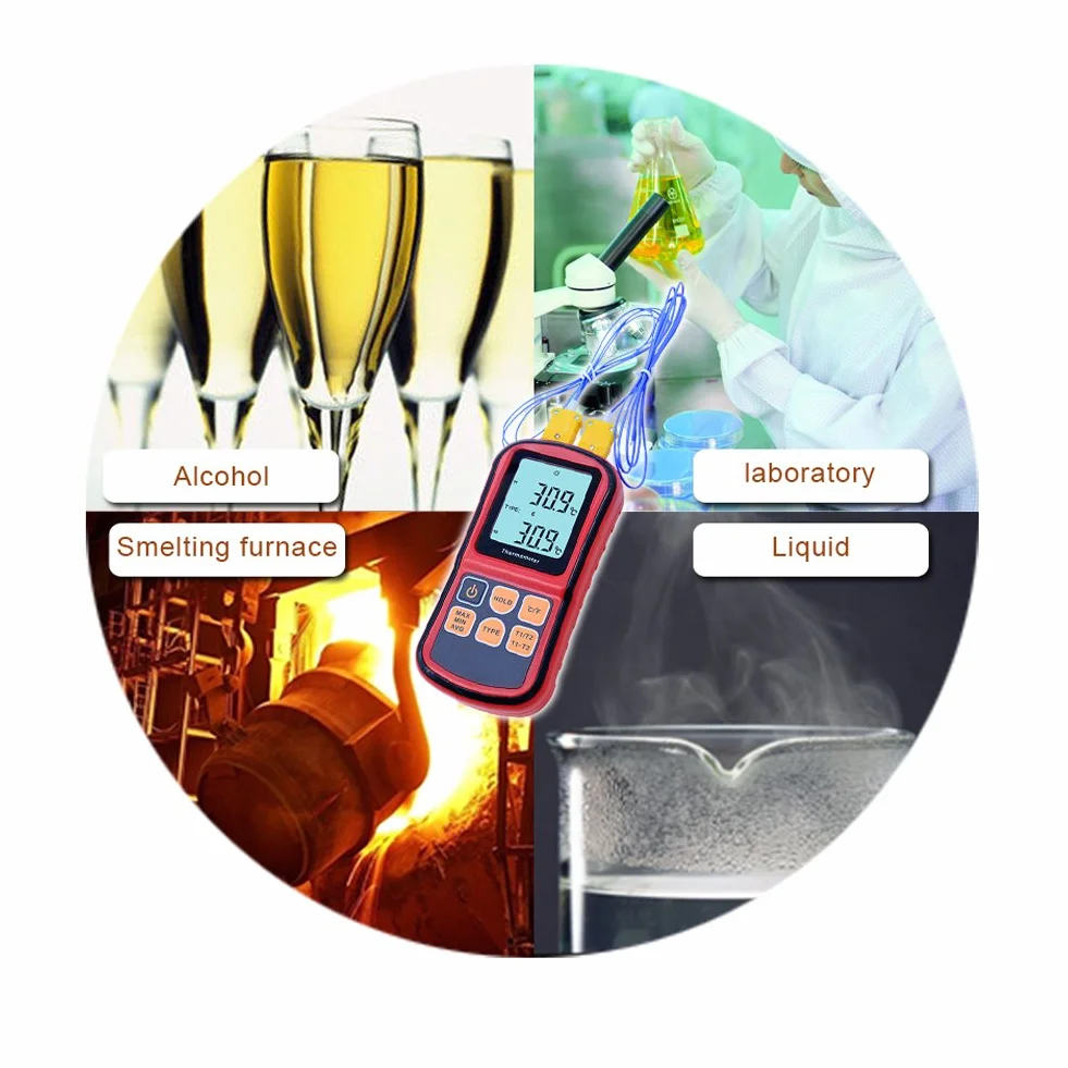 Termometro digitale Dual Channel RGBS con due termocoppie K tipo, retroilluminazione LCD per K/J/T/E/R/S/N, per industria agricoltura meteorologia