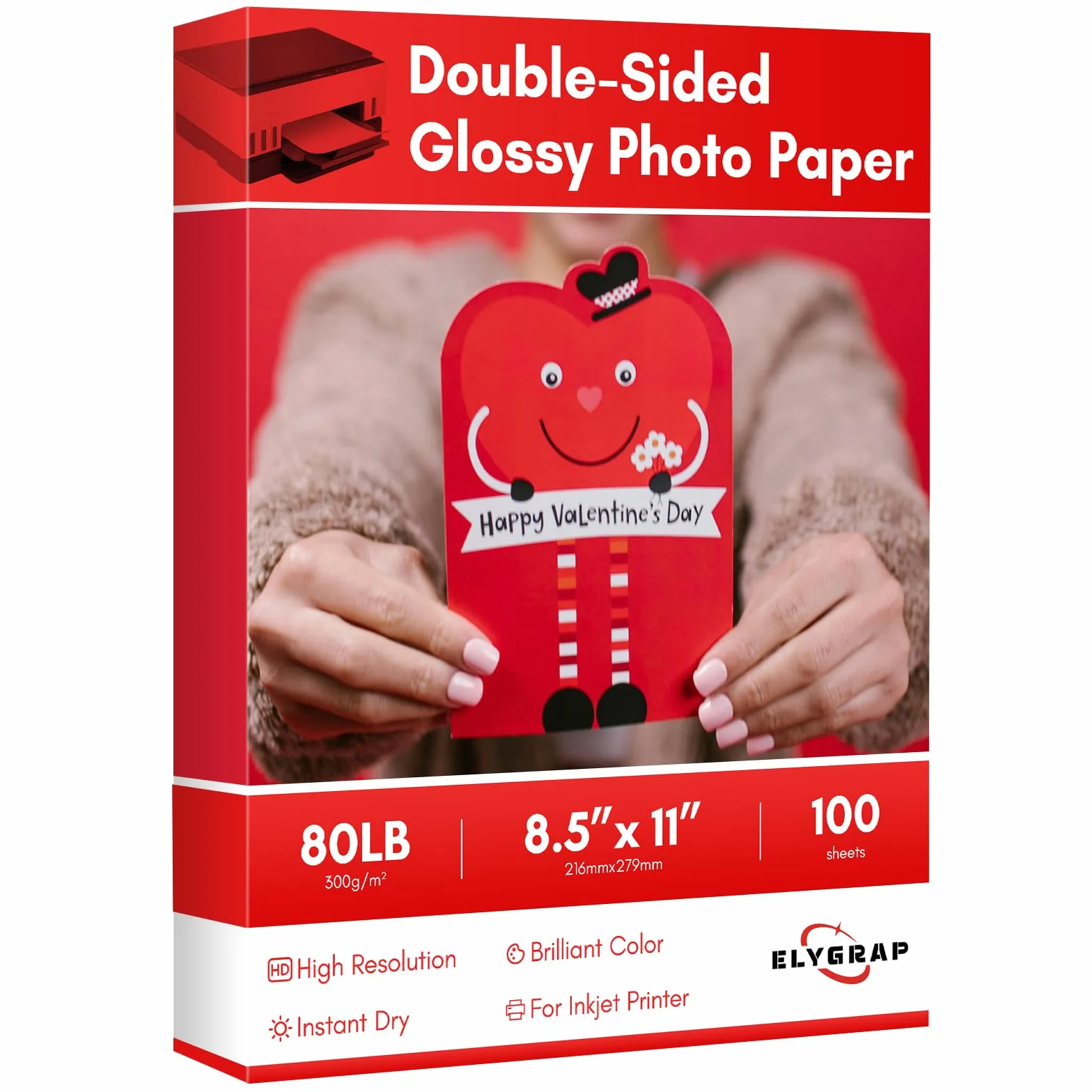 Carta fotografica lucida spessa su entrambi i lati, 21,6 x 27,9 cm, 300 g/m², 100 fogli, compatibile con stampanti a getto d'inchiostro e inchiostro Elygrap