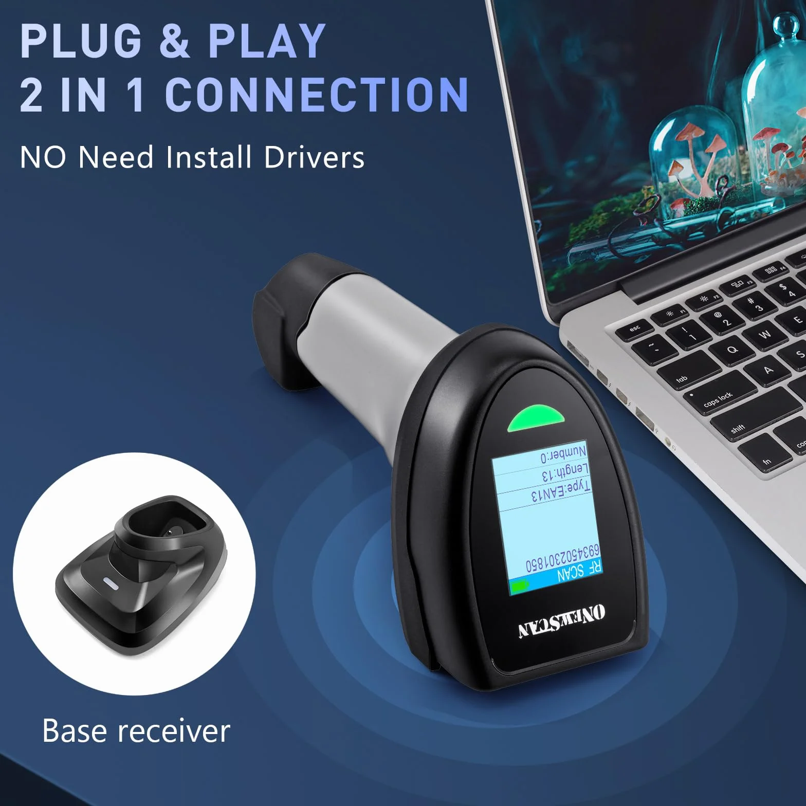 Scanner per codici a barre 2D wireless, scanner di codici a barre palmare scanner per codici a barre con base 2 in 1 connessione USB cablata e lettore di codici a barre automatico a matrice di dati