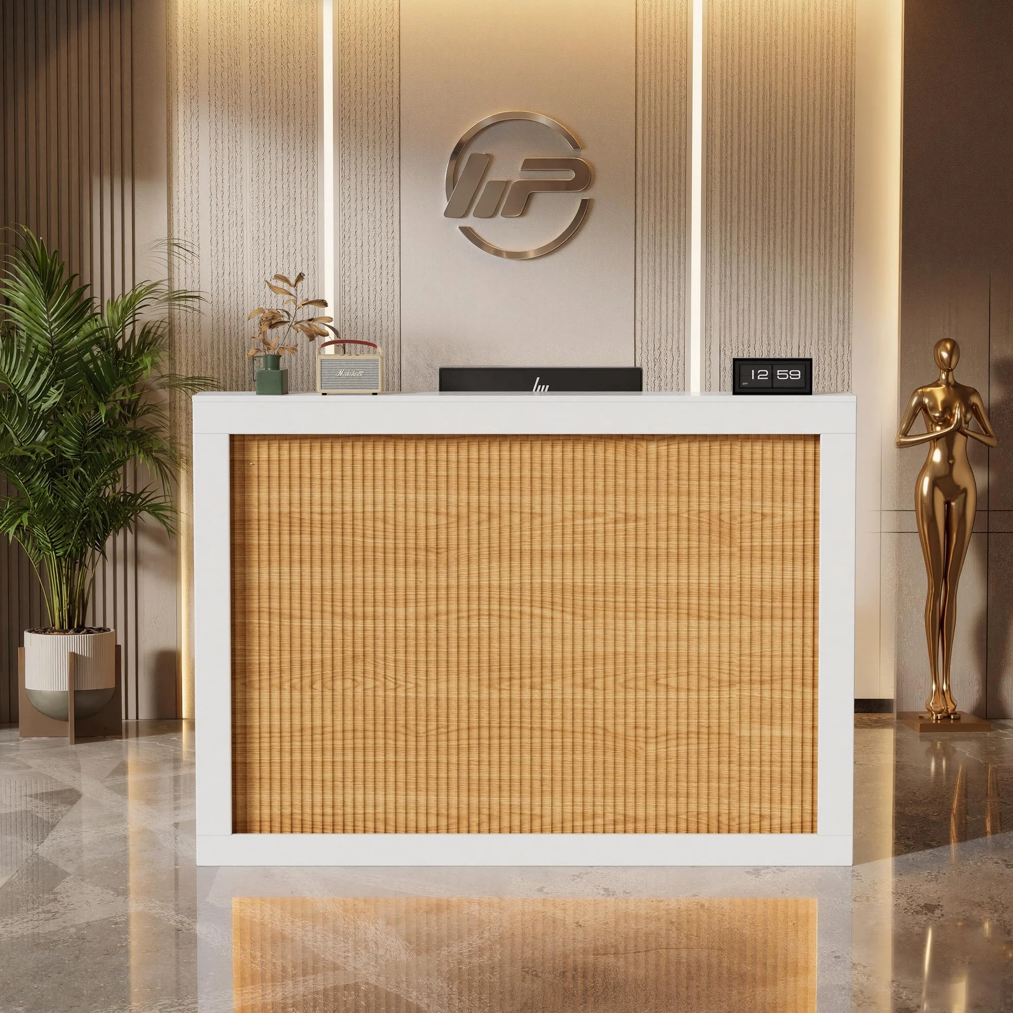 MSFE Bancone Reception con LED,Banco Reception con Cassetto,Armadio,Ripiani Aperti e Prese,Bancone Ufficio per Reception per Parrucchiere, Centro Estetico, Negozio, Hotel e Ufficio,140 * 60 * 110CM
