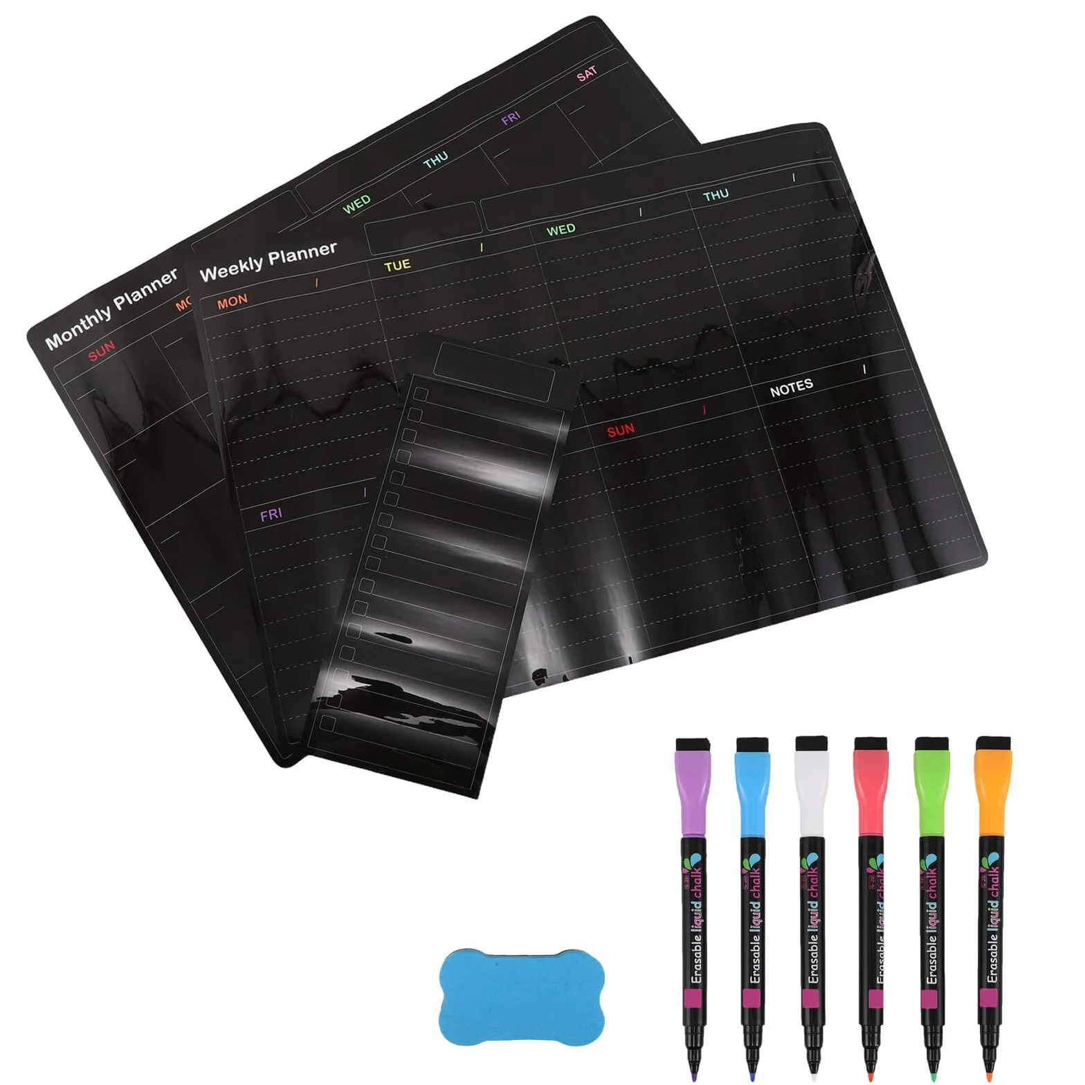 Planner Magnetico Frigorifero Nero, Lavagna Scrivibile per Calendario | Superficie Cancellabile a Secco, Cancellazione Rapida, con Marker e Spugna Inclusi per Cucina e Aula